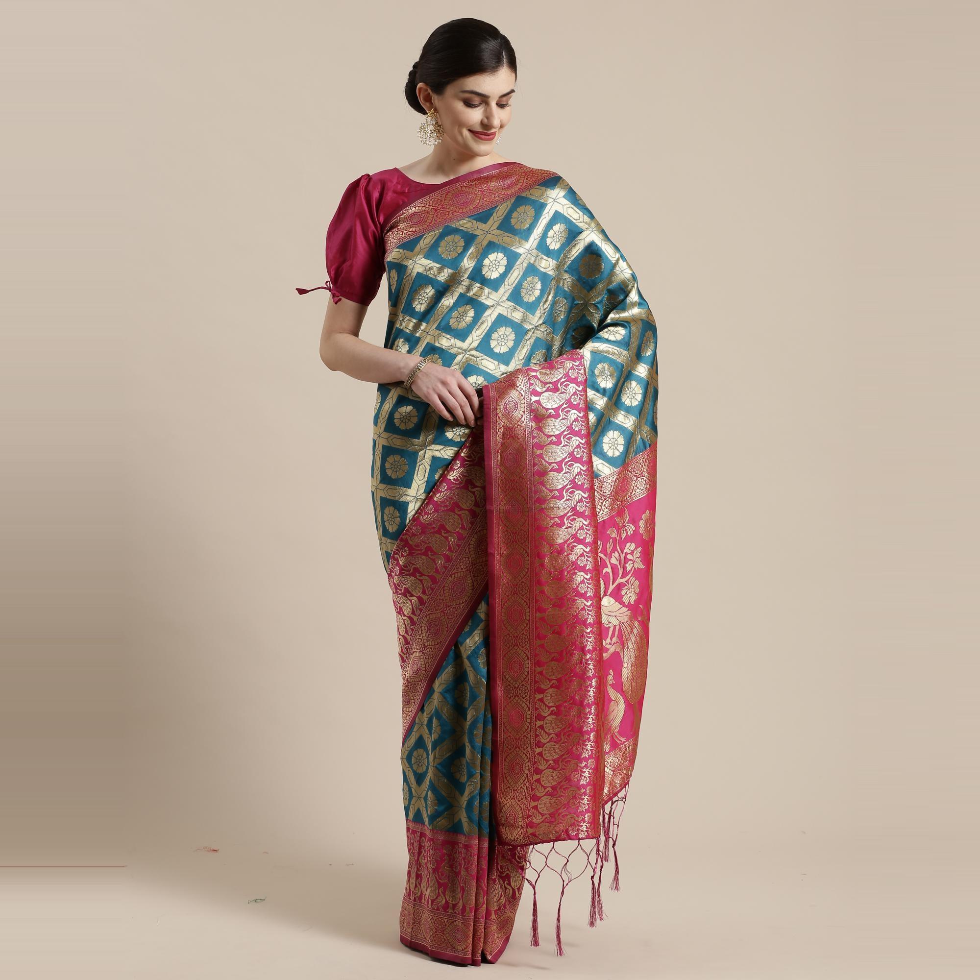 Ravishing Blue Colored Festive Wear Woven Silk Belnd Saree With Tassels - Peachmode