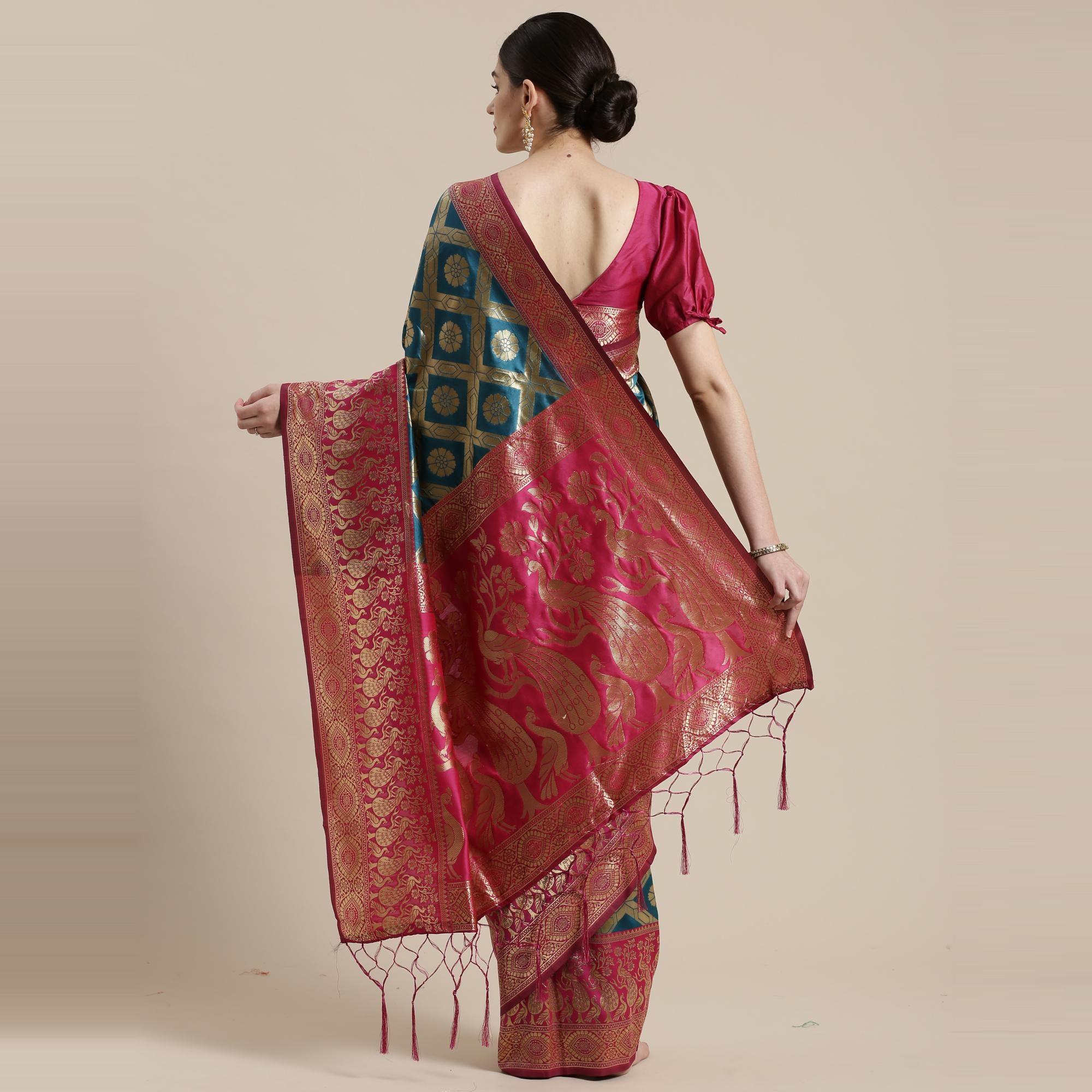 Ravishing Blue Colored Festive Wear Woven Silk Belnd Saree With Tassels - Peachmode