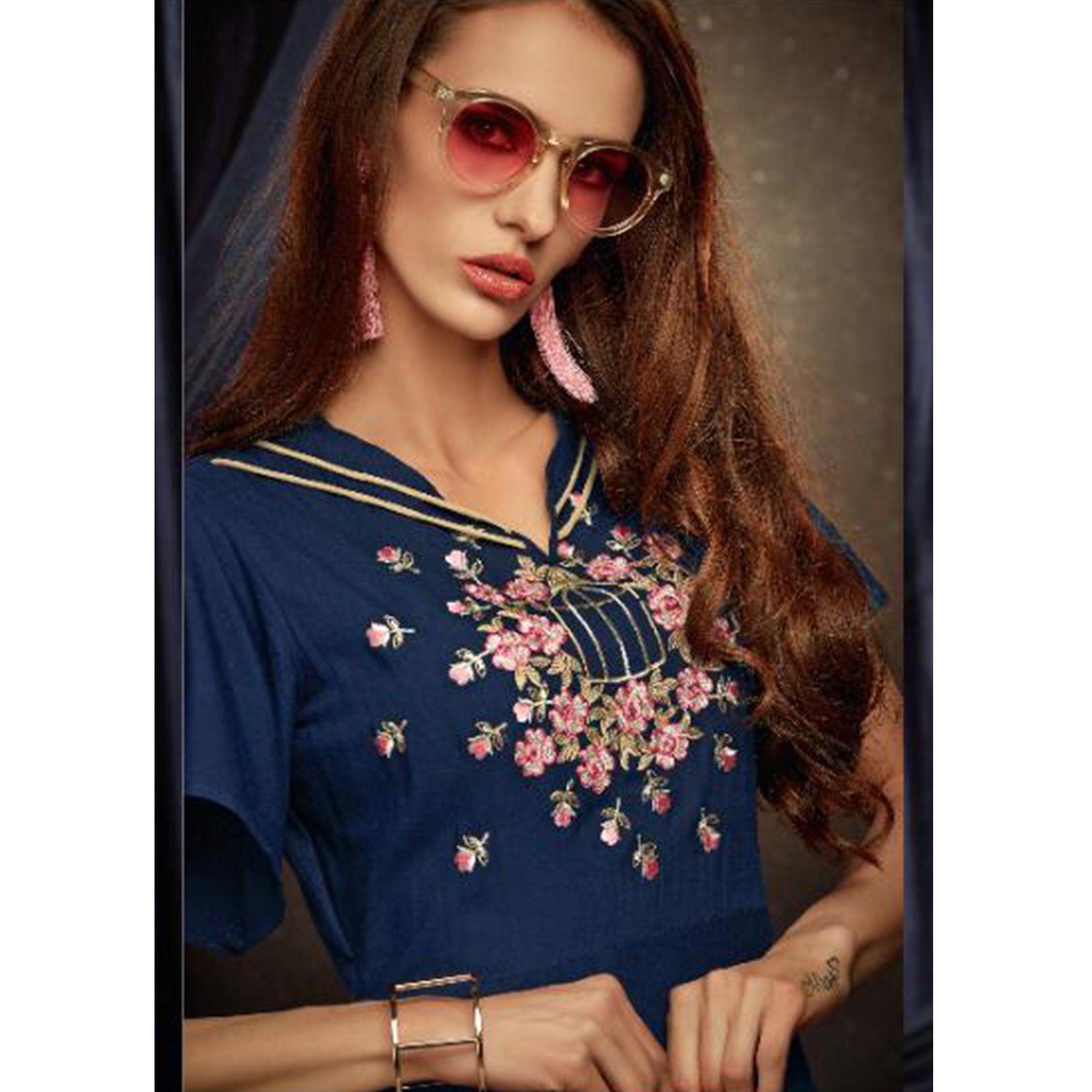 Ravishing Blue Colored Partywear Embroidered Heavy Rayon Long Kurti - Peachmode