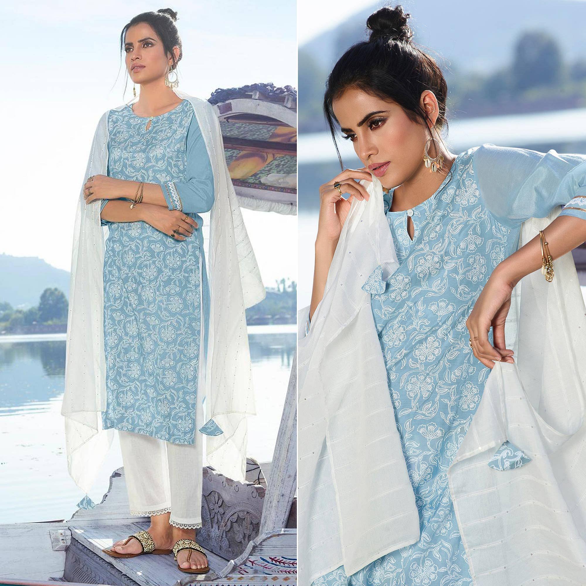 Ravishing Blue Colored Partywear Lakhnavi Printed Viscose Silk Kurti - Pant Set With Dupatta - Peachmode