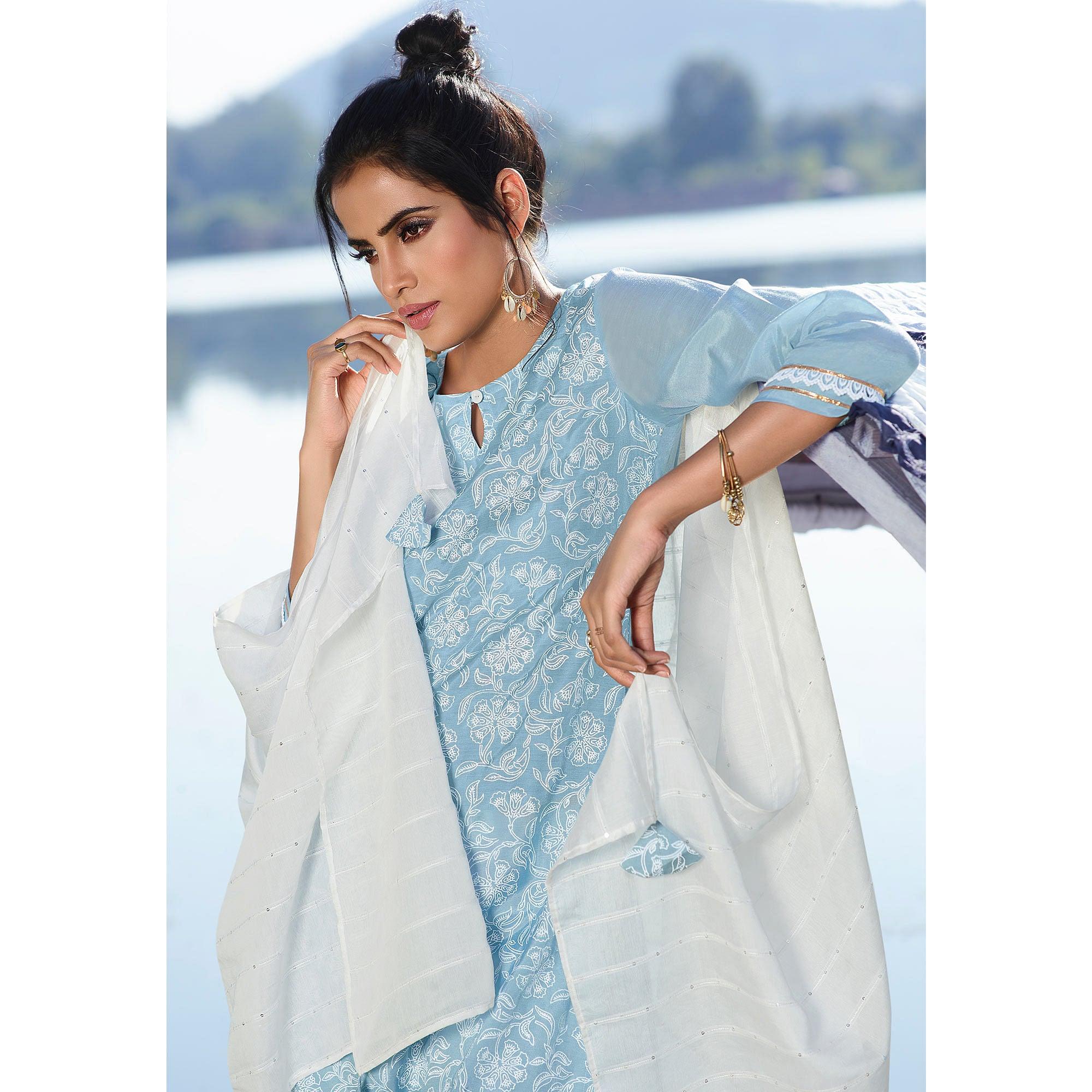 Ravishing Blue Colored Partywear Lakhnavi Printed Viscose Silk Kurti - Pant Set With Dupatta - Peachmode