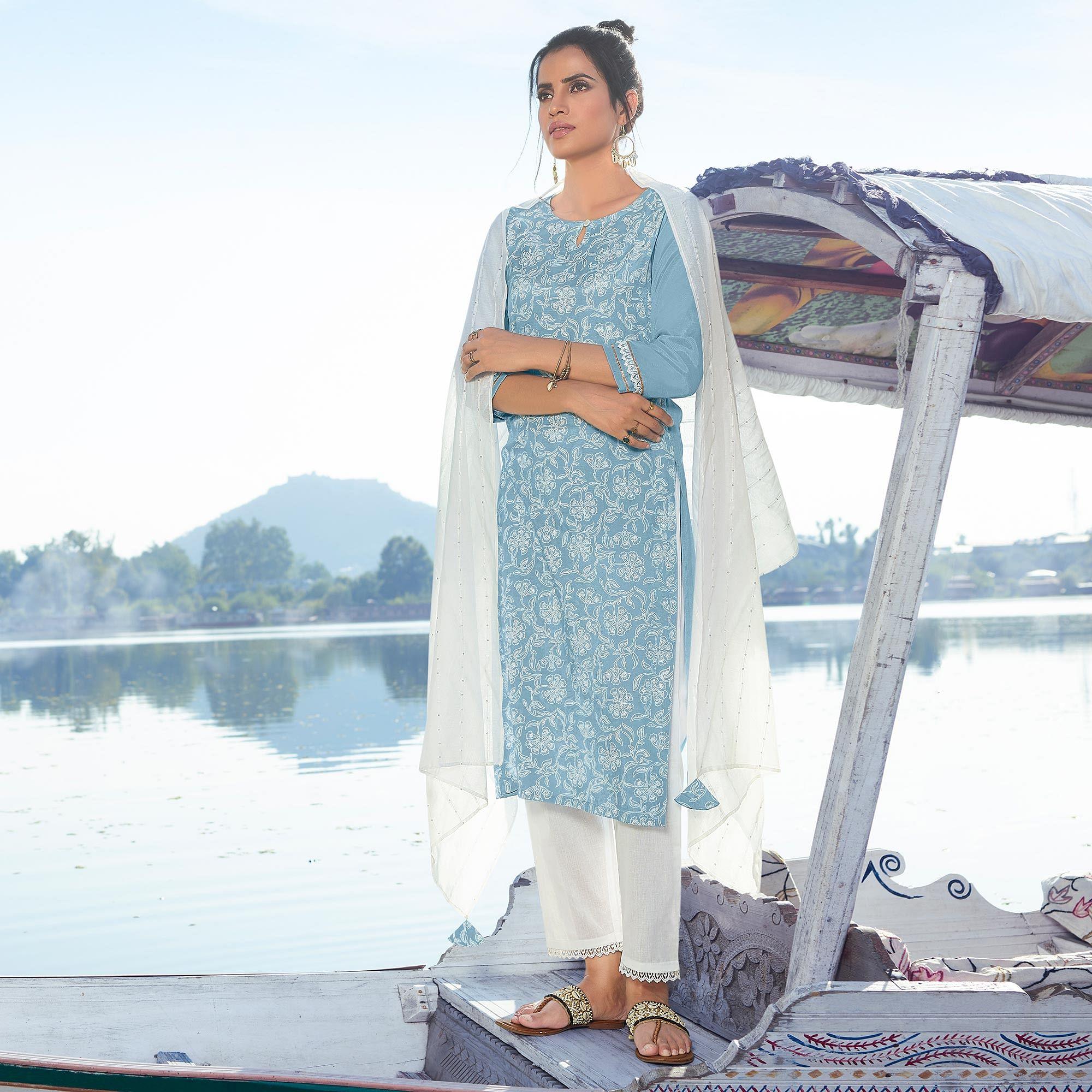 Ravishing Blue Colored Partywear Lakhnavi Printed Viscose Silk Kurti - Pant Set With Dupatta - Peachmode