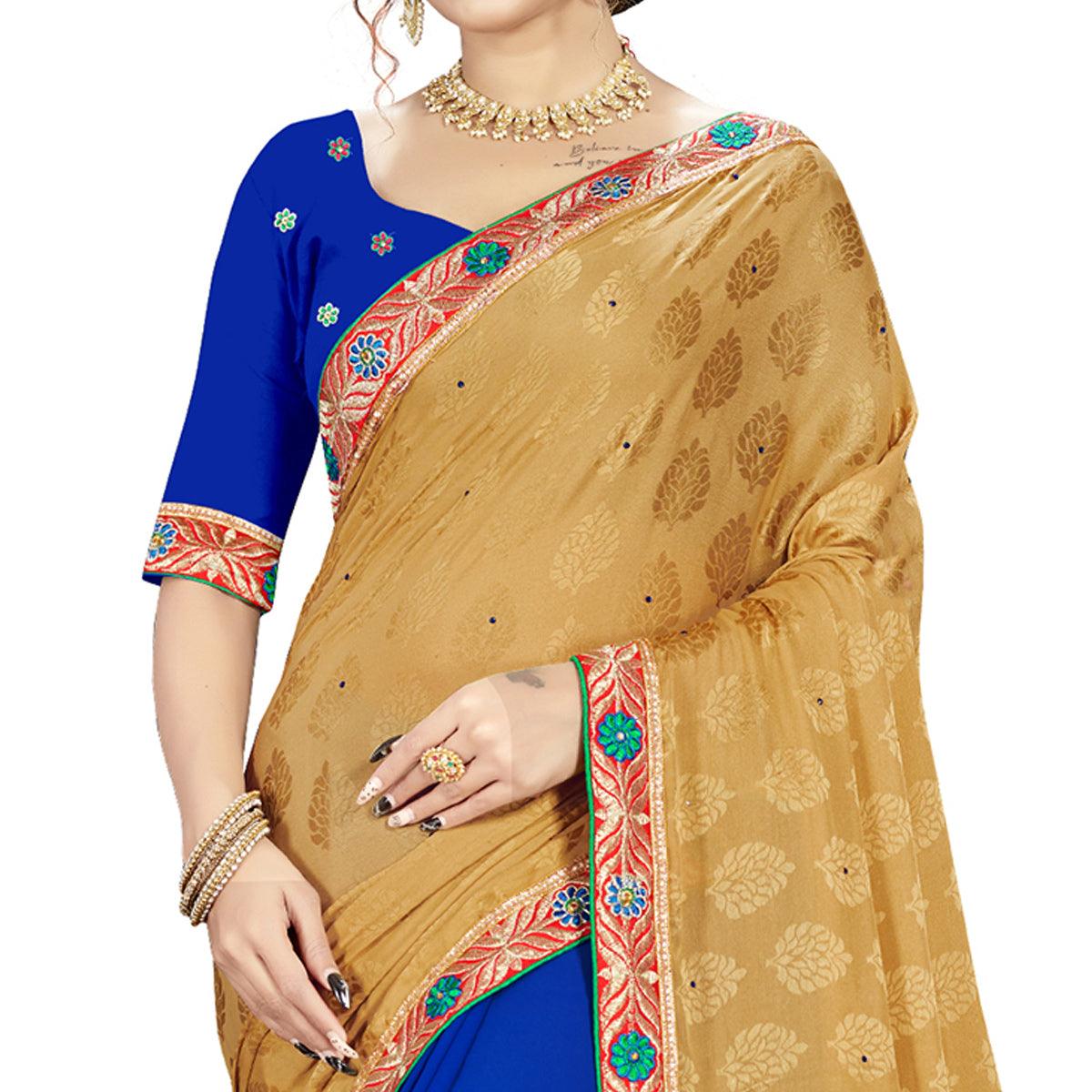 Ravishing Brown-Blue Colored party Wear Embroidered Georgette Half-Half Saree - Peachmode
