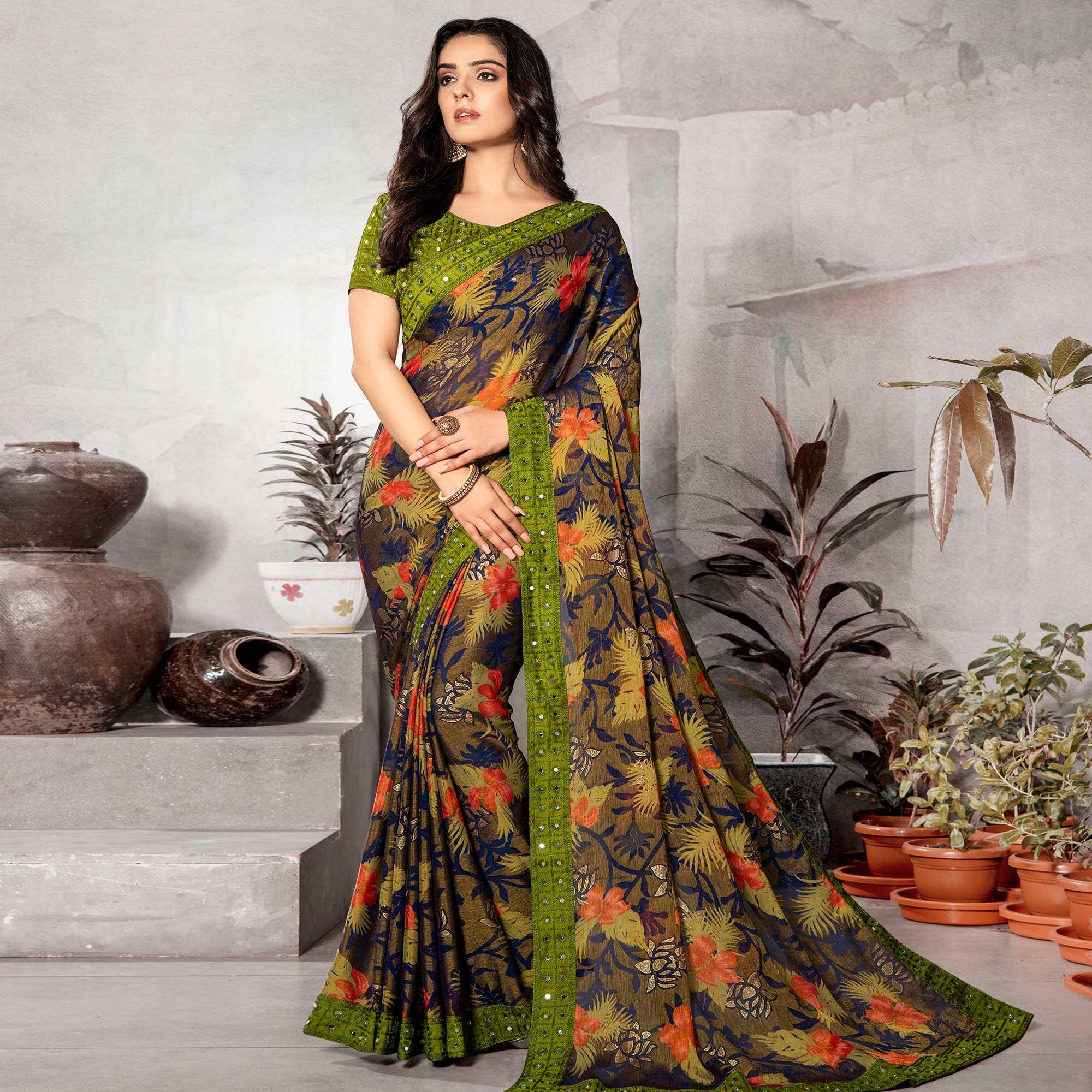 Ravishing Brown - Blue Colored Partywear Embroidered Chiffon Brasso Saree - Peachmode