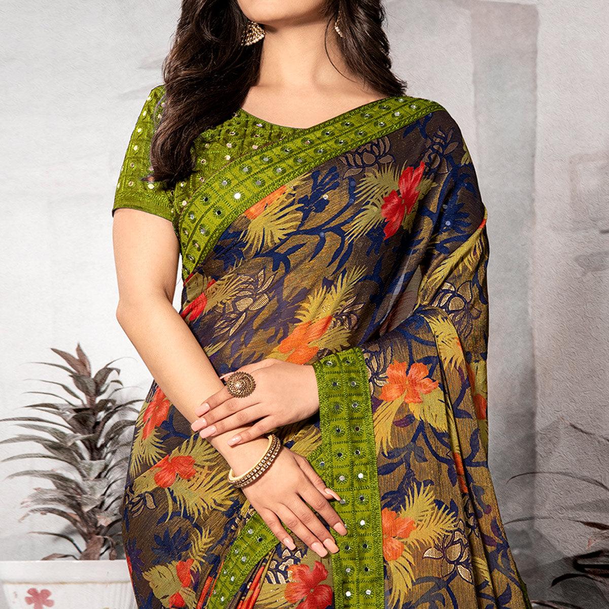 Ravishing Brown - Blue Colored Partywear Embroidered Chiffon Brasso Saree - Peachmode