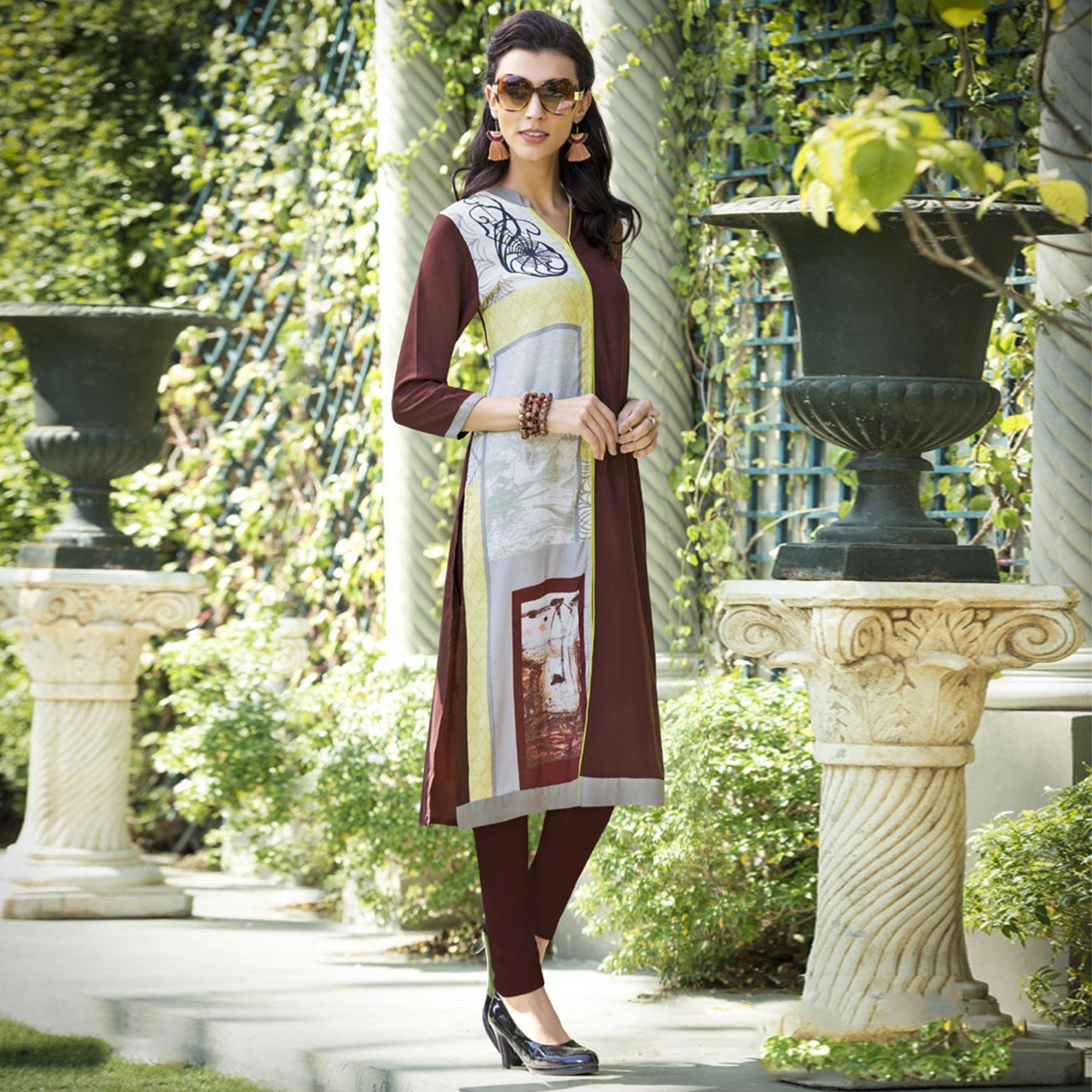 Ravishing Brown Colored Casual Printed Rayon Kurti - Peachmode
