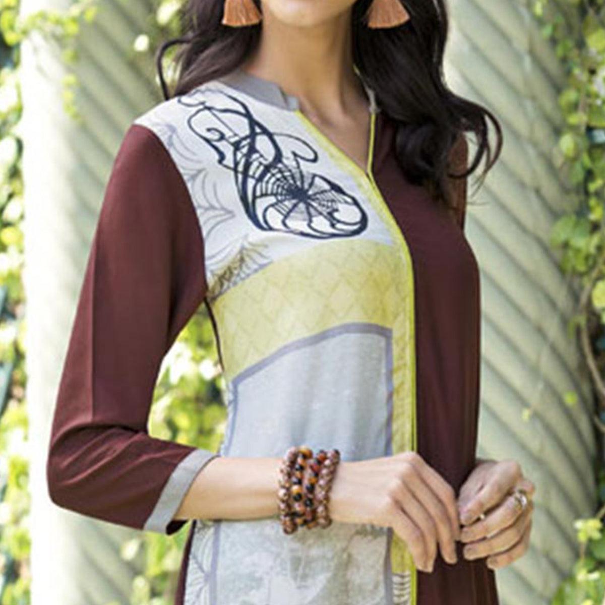 Ravishing Brown Colored Casual Printed Rayon Kurti - Peachmode