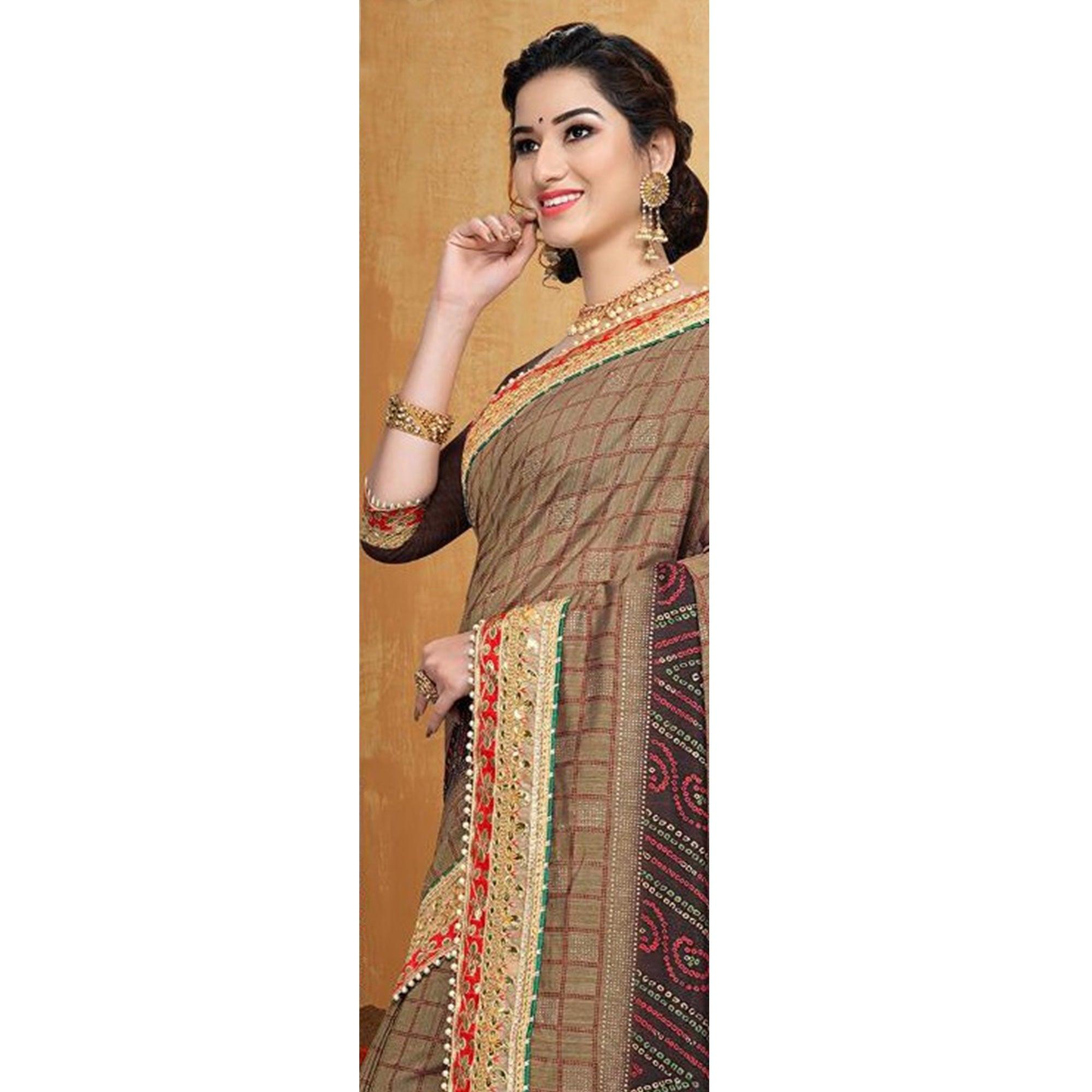 Ravishing Brown Colored Festive Wear Zari Work Vichitra Silk Saree - Peachmode