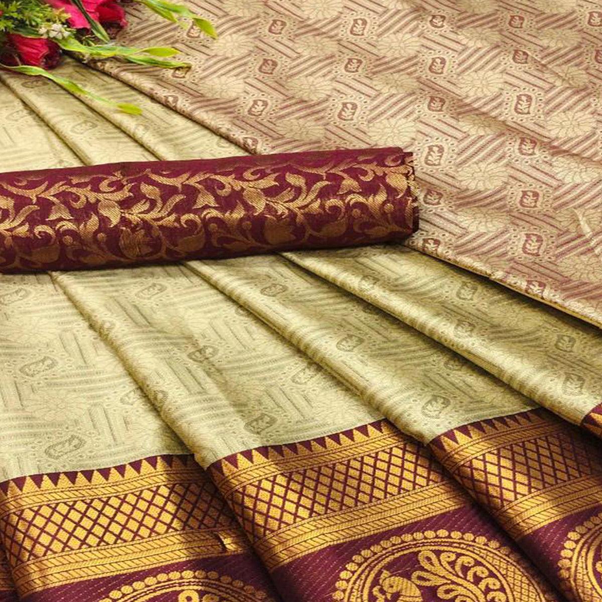 Ravishing Chiku Coloured Casual Wear Printed Self Cotton Silk Saree - Peachmode