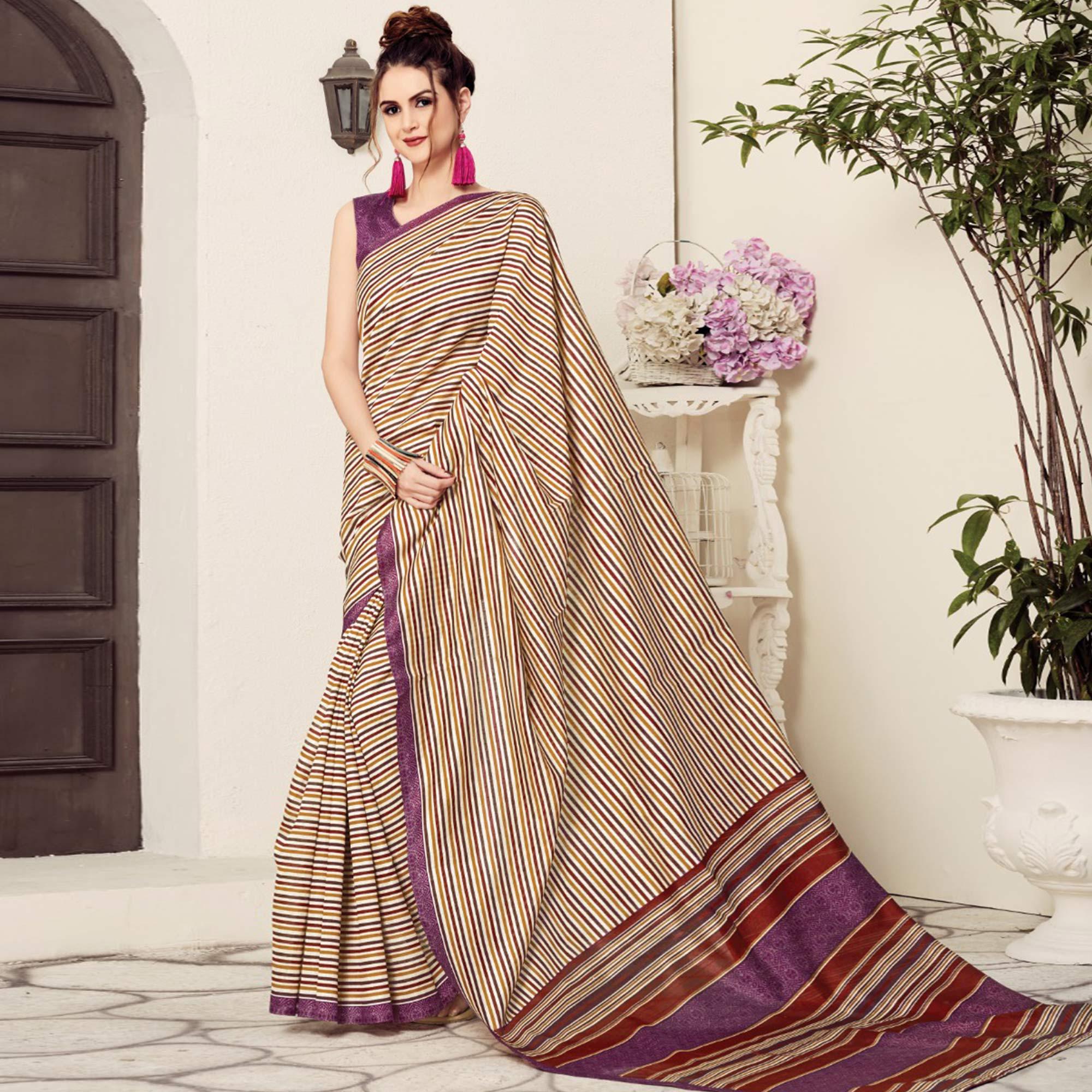 Ravishing Cream-Beige Colored Casual Printed Bhagalpuri Silk Saree - Peachmode