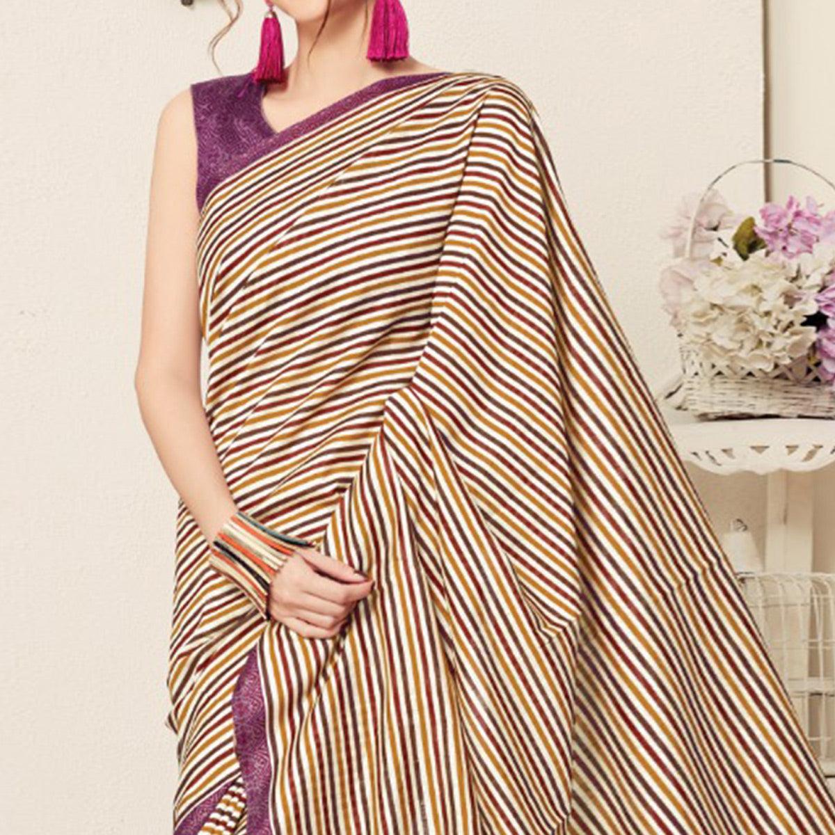 Ravishing Cream-Beige Colored Casual Printed Bhagalpuri Silk Saree - Peachmode