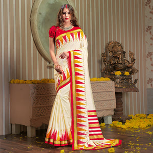 Ravishing Cream Colored Festive Wear Patola Silk saree - Peachmode