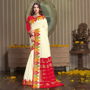 Ravishing Cream Colored Festive Wear Patola Silk saree - Peachmode