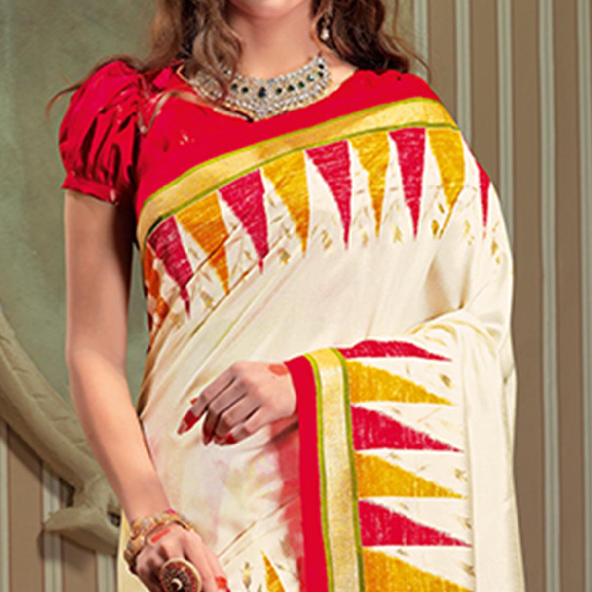 Ravishing Cream Colored Festive Wear Patola Silk saree - Peachmode
