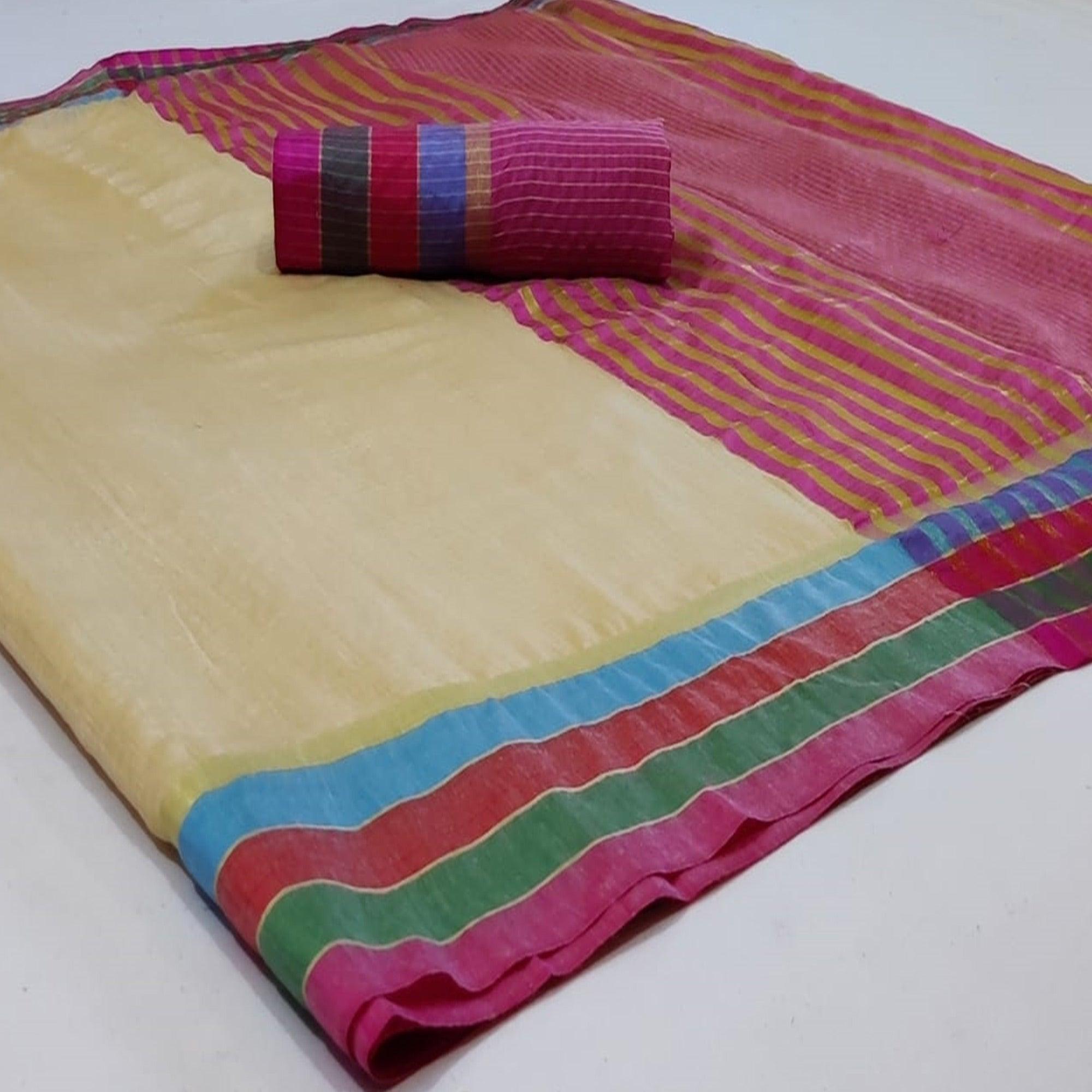 Ravishing Cream Colored Festive Wear Woven Cotton Saree - Peachmode