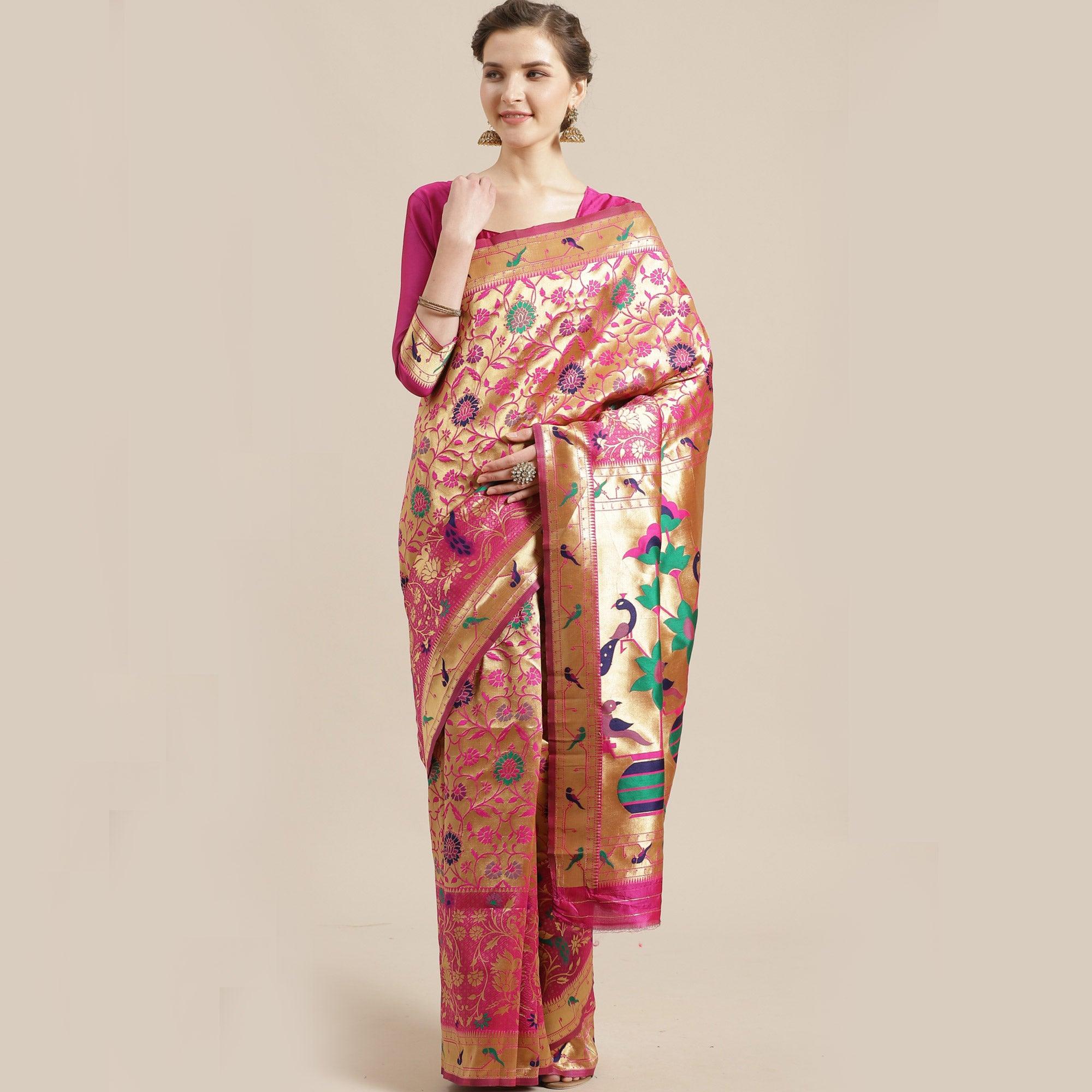 Ravishing Gold-Pink Colored Festive Wear Woven Silk Blend Saree - Peachmode
