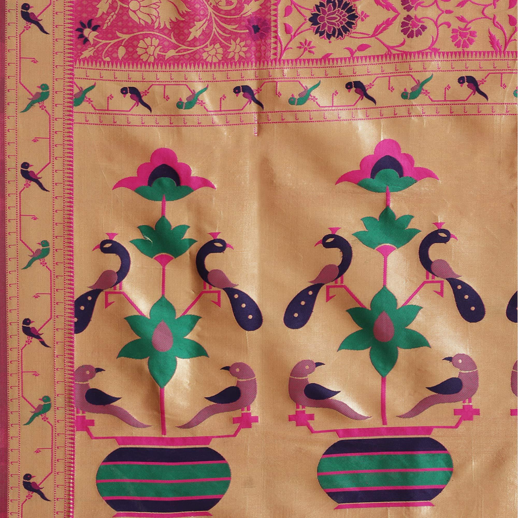 Ravishing Gold-Pink Colored Festive Wear Woven Silk Blend Saree - Peachmode