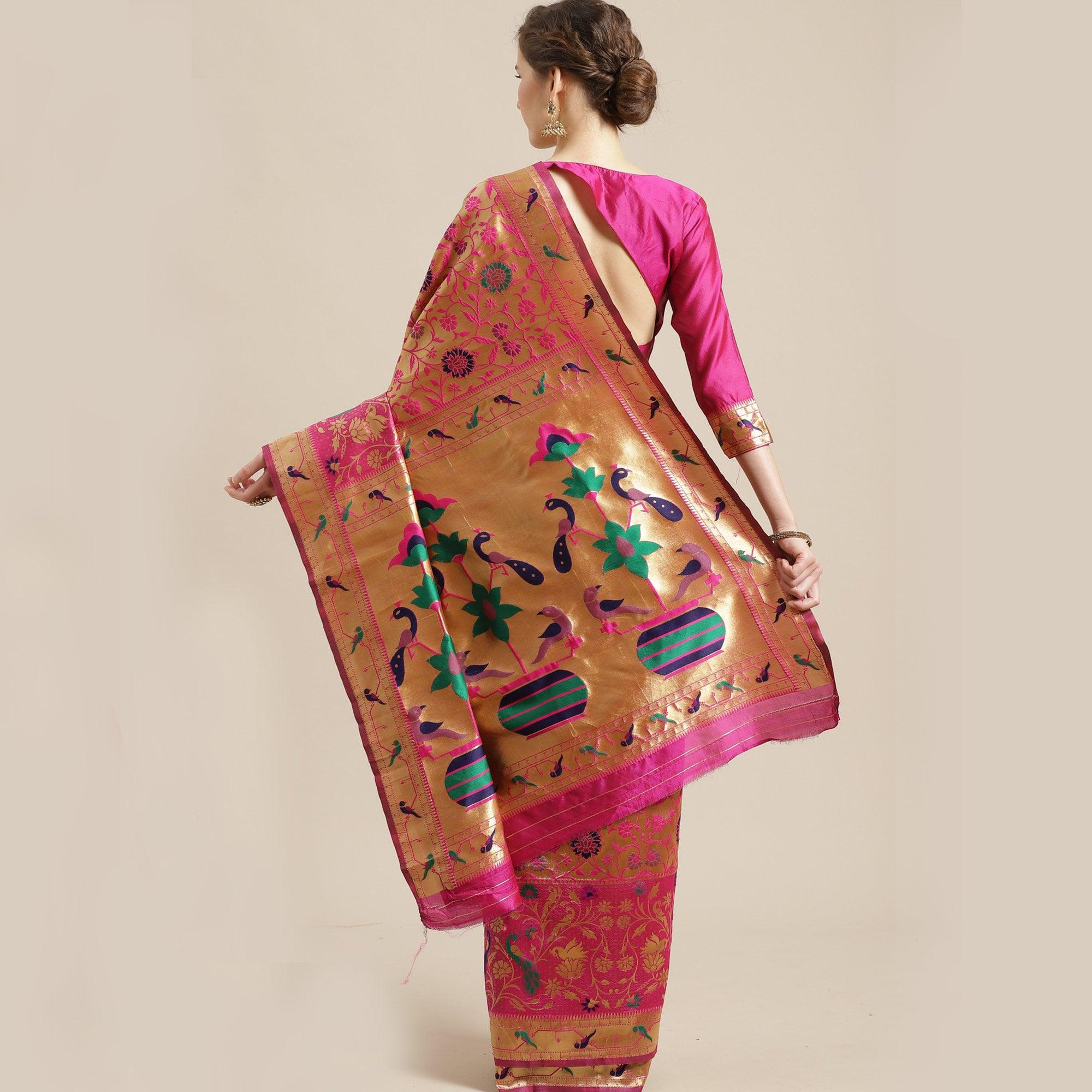 Ravishing Gold-Pink Colored Festive Wear Woven Silk Blend Saree - Peachmode