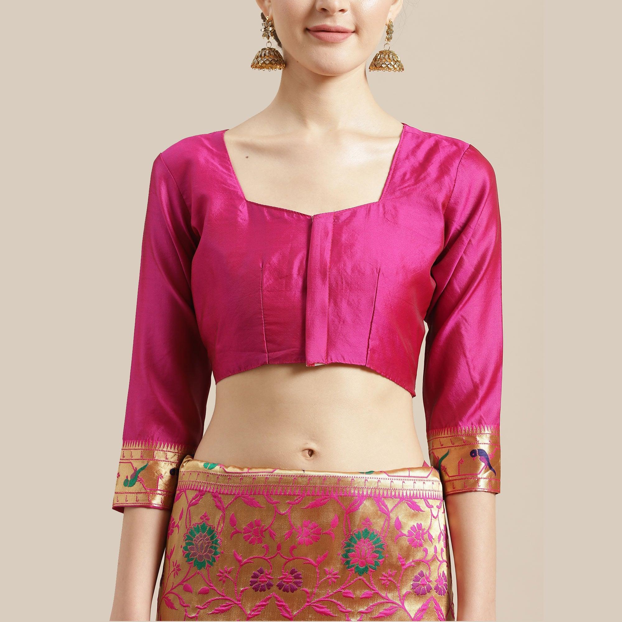 Ravishing Gold-Pink Colored Festive Wear Woven Silk Blend Saree - Peachmode