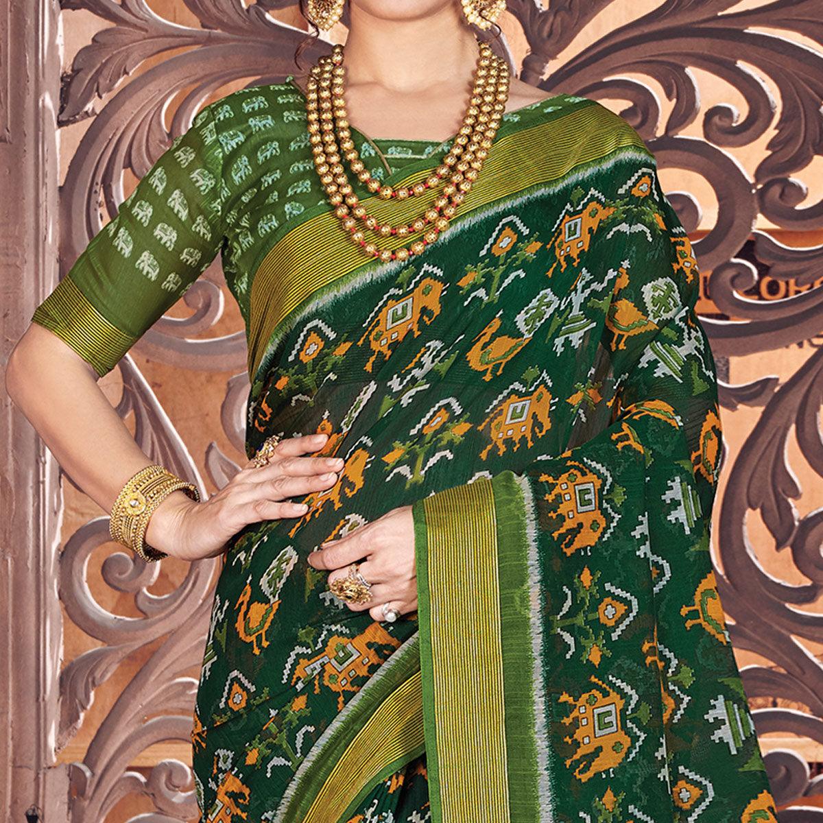 Ravishing Green Colored Casual Wear Printed Cotton Saree - Peachmode