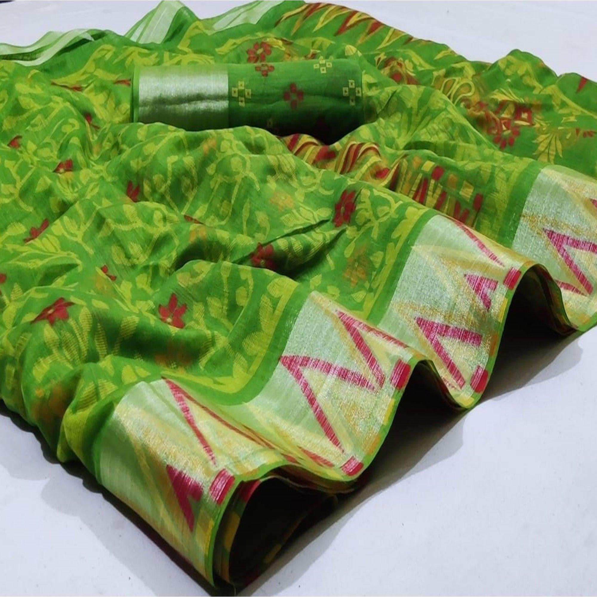 Ravishing Green Colored Casual Wear Printed Heavy Linen Saree - Peachmode