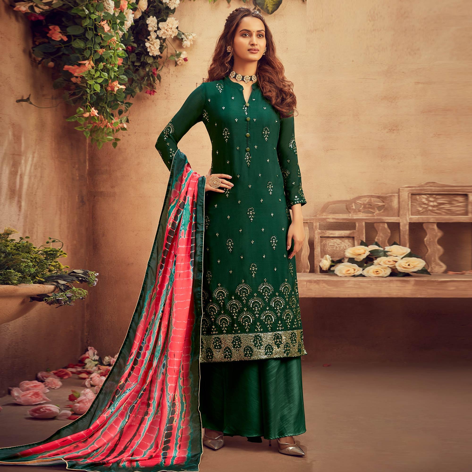 Ravishing Green Colored Embroidered Designer Partywear Heavy Faux Georgette Suit - Peachmode