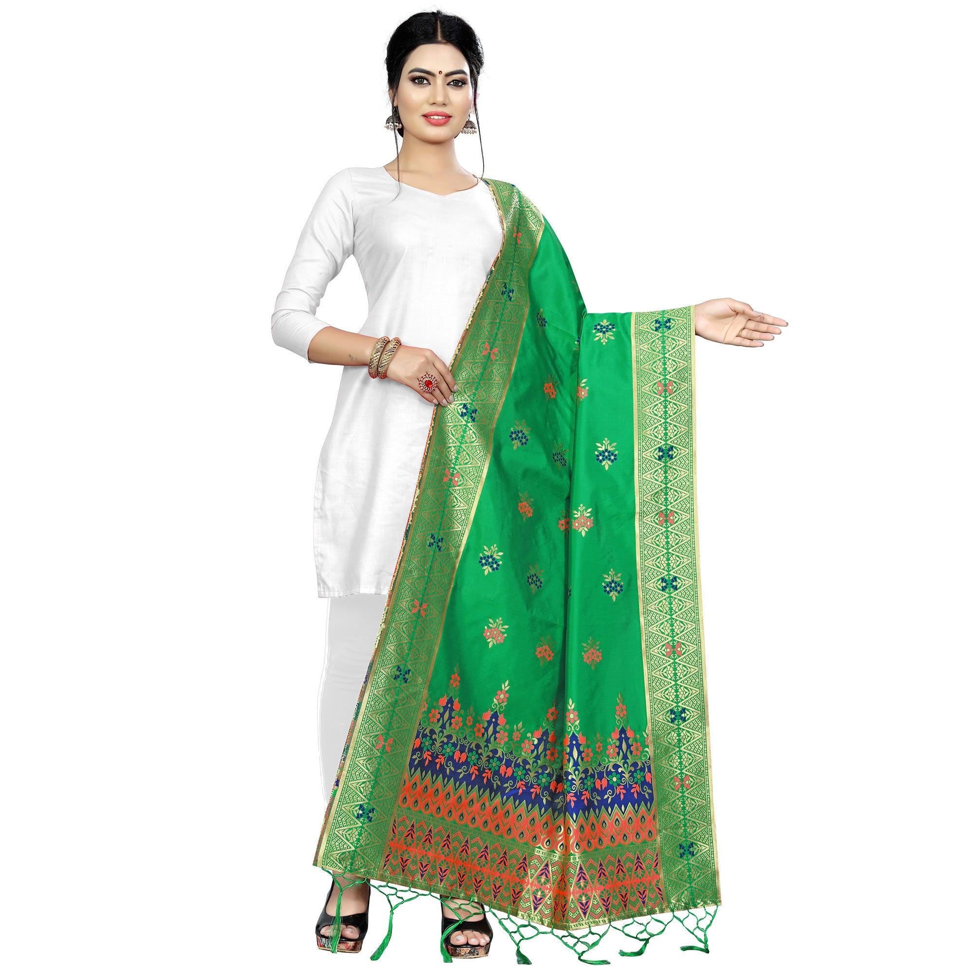 Ravishing Green Colored Festive Wear Banarasi Silk Dupatta - Peachmode