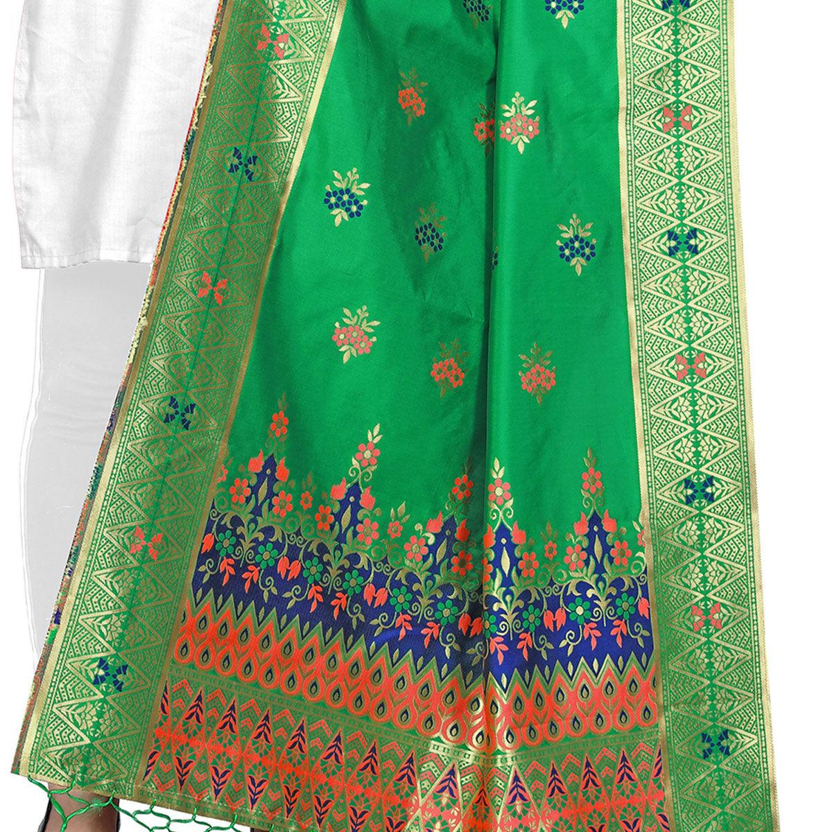 Ravishing Green Colored Festive Wear Banarasi Silk Dupatta - Peachmode