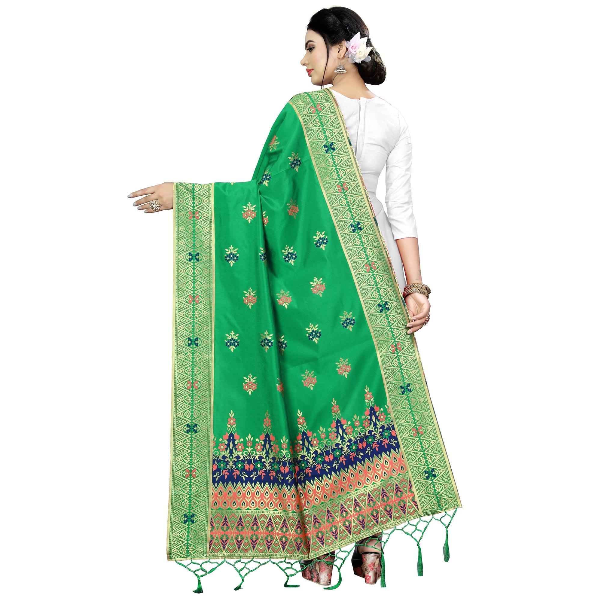 Ravishing Green Colored Festive Wear Banarasi Silk Dupatta - Peachmode