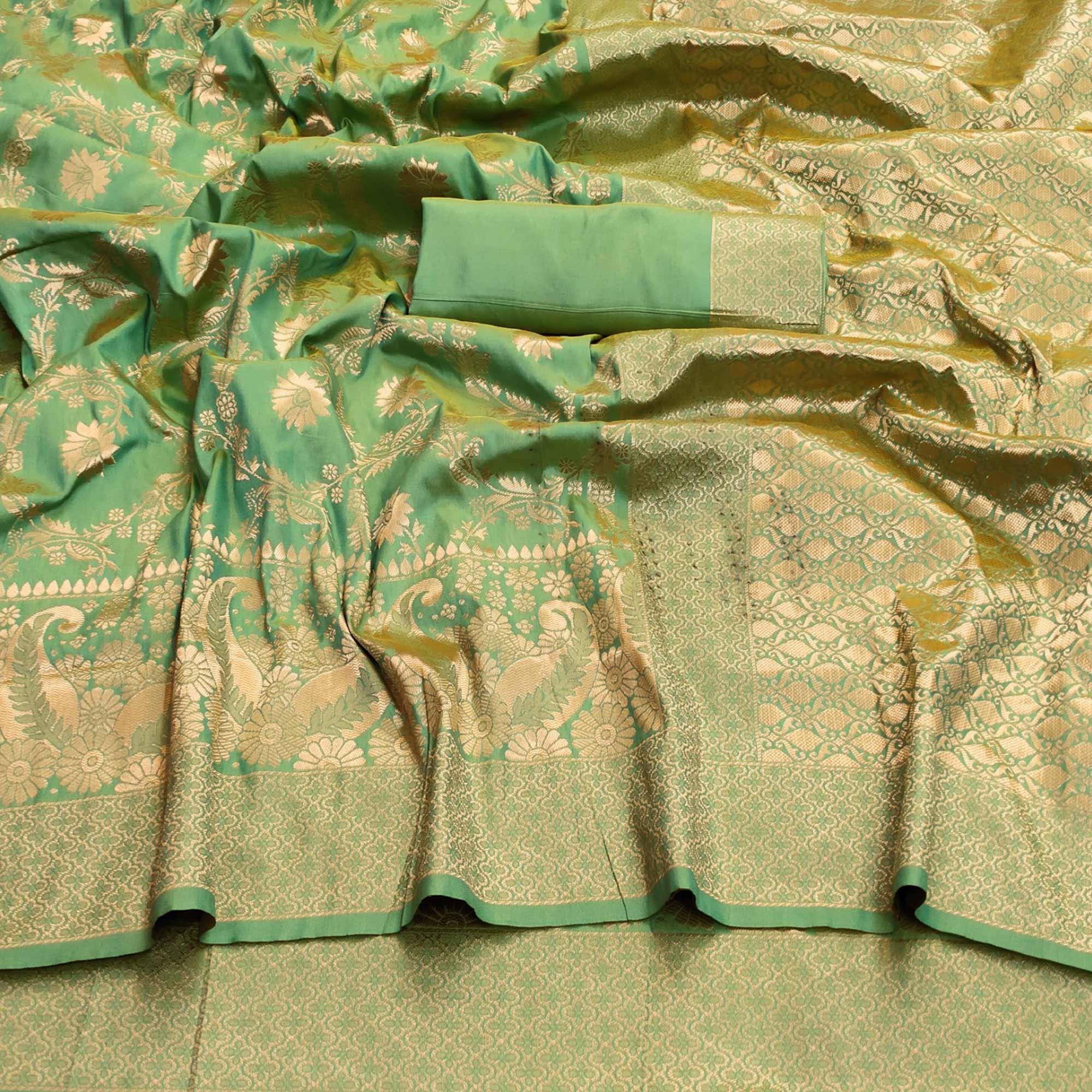 Ravishing Green Colored Festive Wear Woven Banarasi Silk Saree - Peachmode