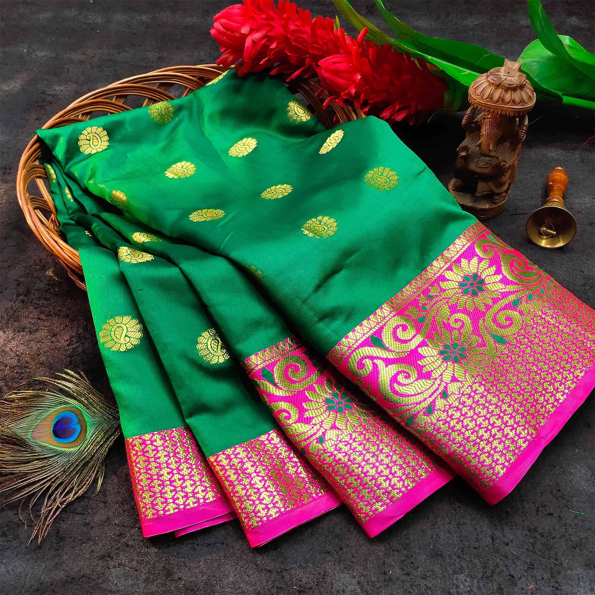 Ravishing Green Colored Festive Wear Woven Kanjivaram Silk Saree - Peachmode