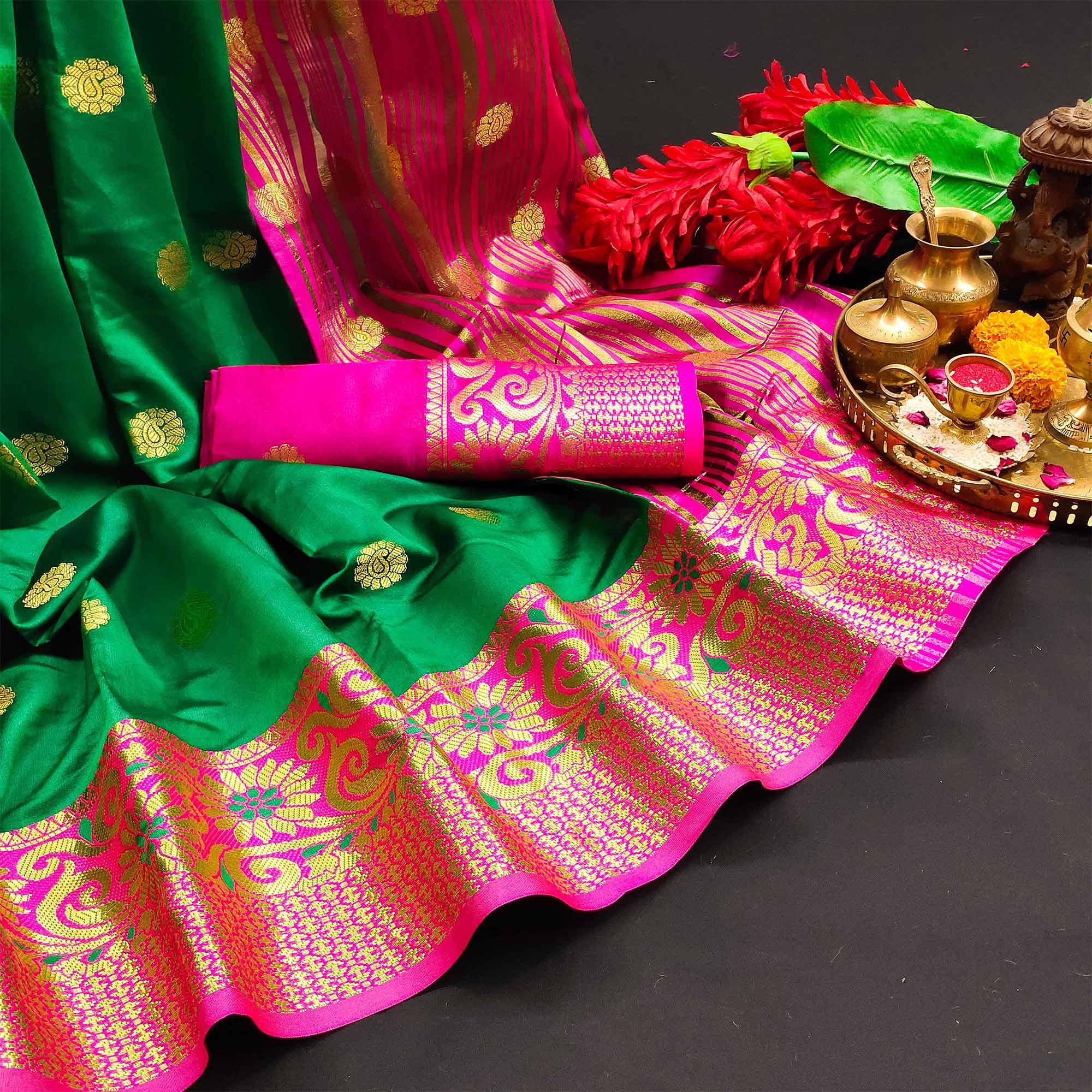 Ravishing Green Colored Festive Wear Woven Kanjivaram Silk Saree - Peachmode