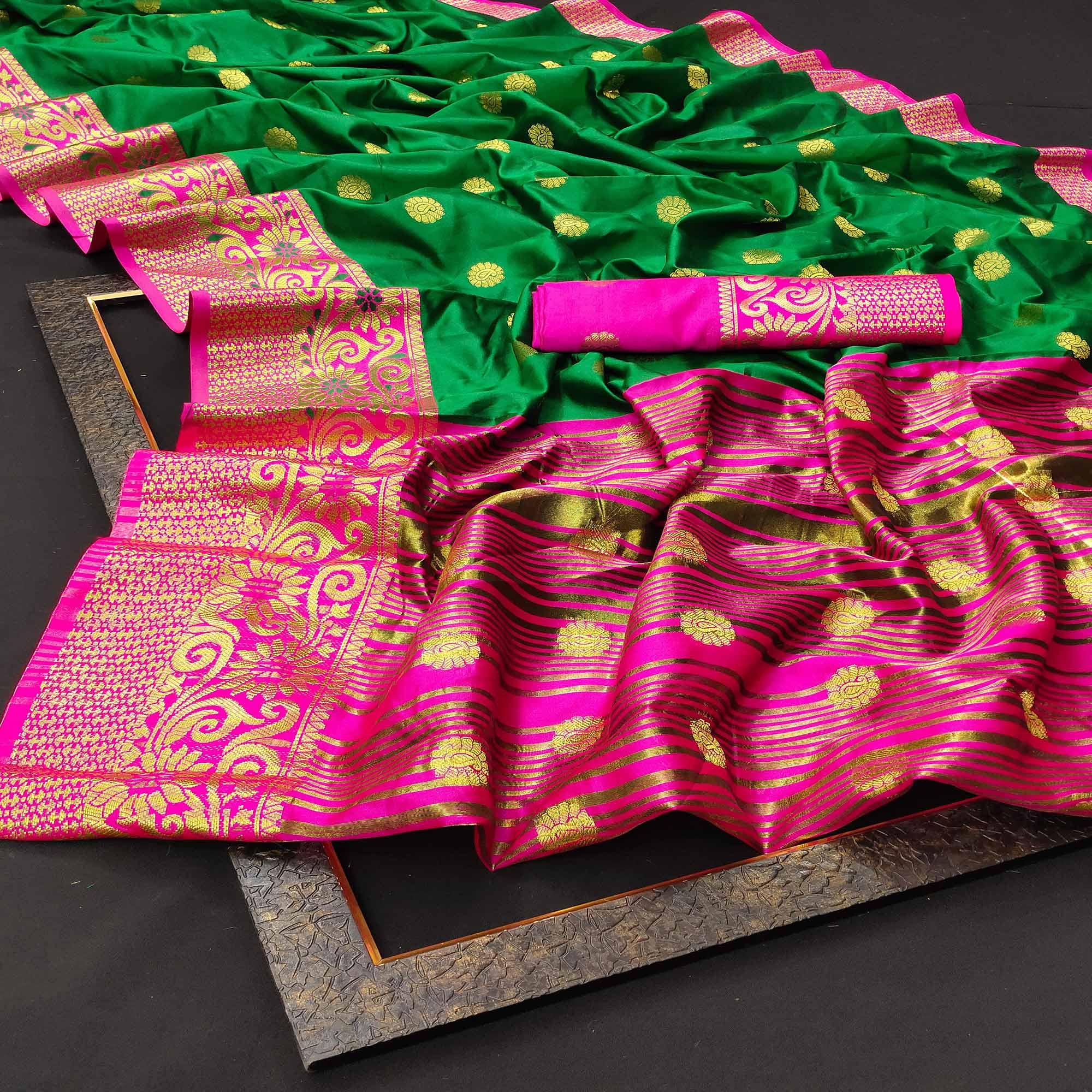 Ravishing Green Colored Festive Wear Woven Kanjivaram Silk Saree - Peachmode