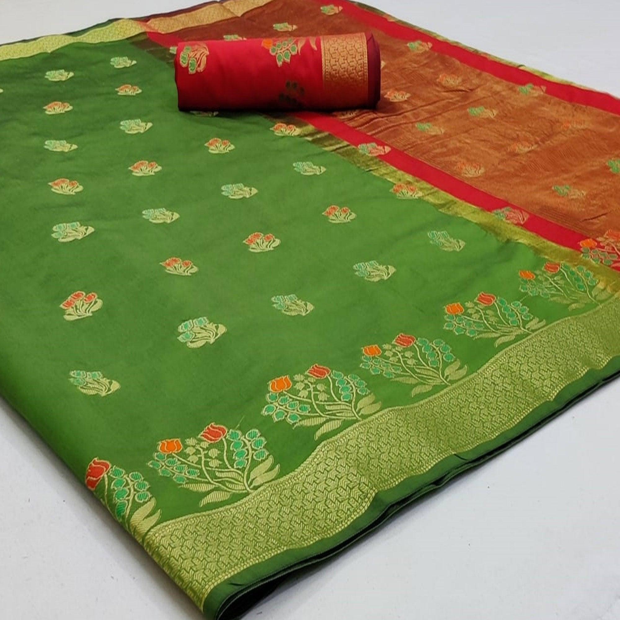 Ravishing Green Colored Festive Wear Woven Soft Silk Saree - Peachmode