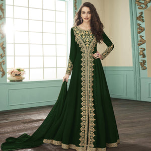 Ravishing Green Colored Party Wear Floral Embroidered Georgette Anarkali Suit - Peachmode