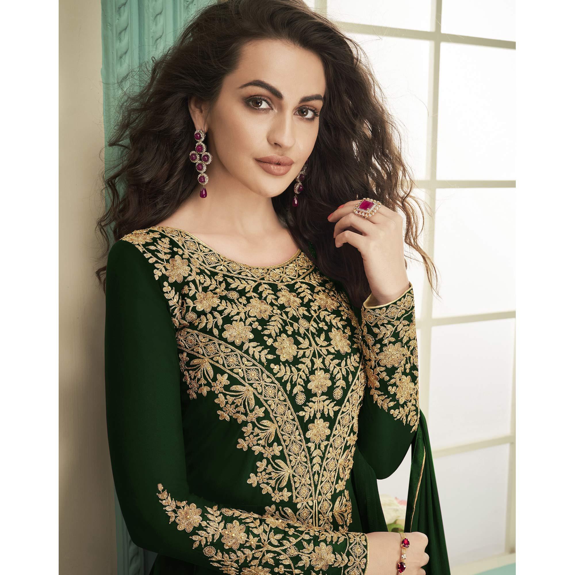 Ravishing Green Colored Party Wear Floral Embroidered Georgette Anarkali Suit - Peachmode