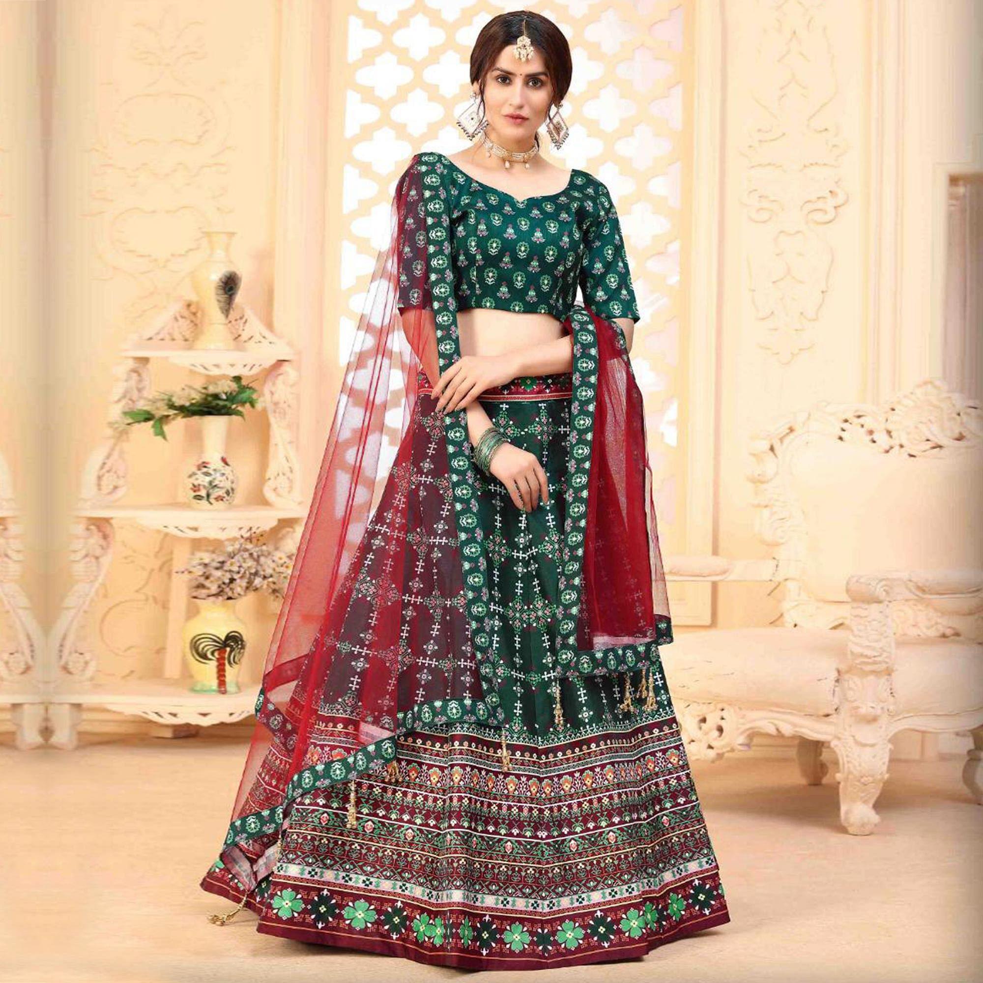 Ravishing Green Coloured Partywear Digital Printed Art Silk Lehenga Choli - Peachmode