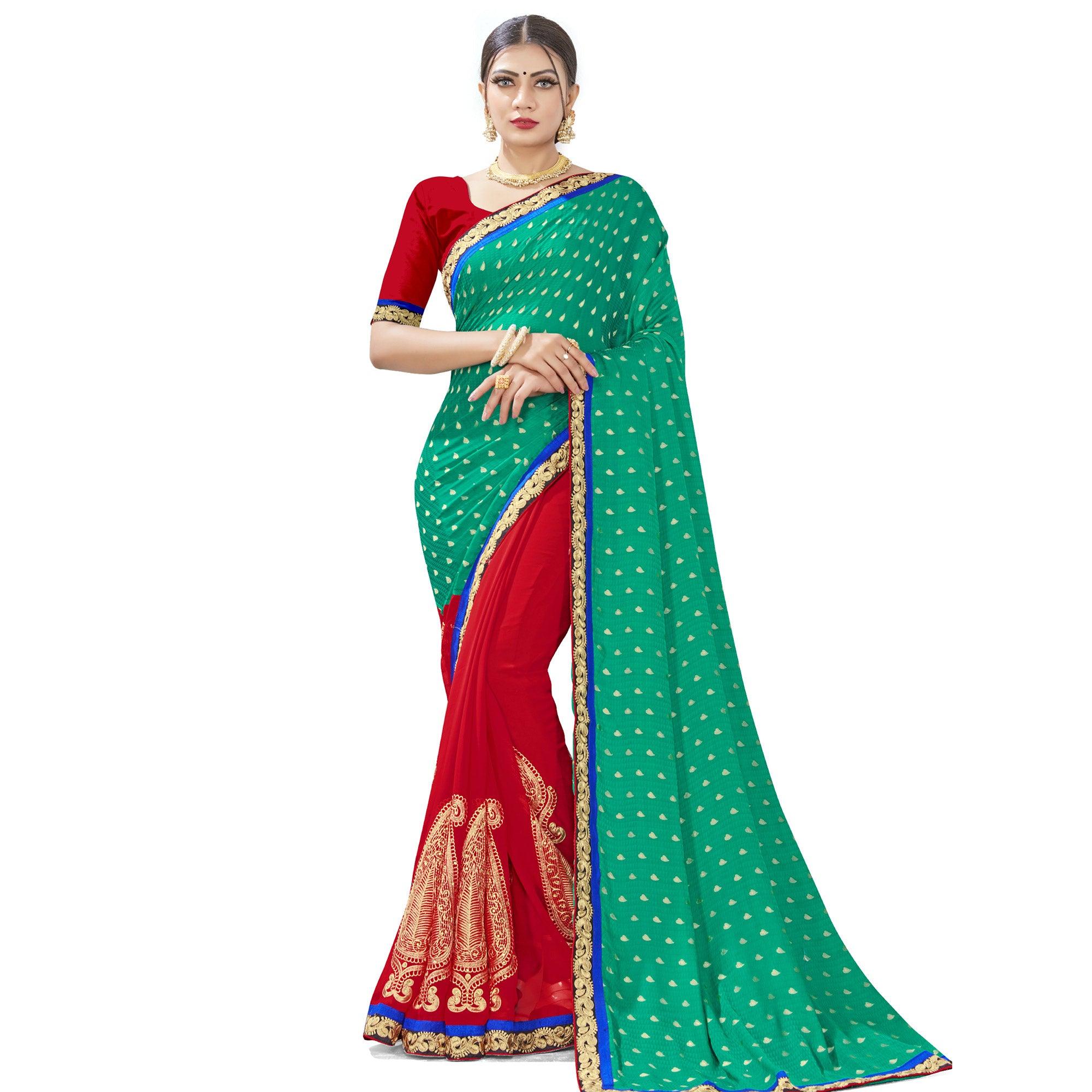 Ravishing Green-Red Colored party Wear Embroidered Georgette Half-Half Saree - Peachmode