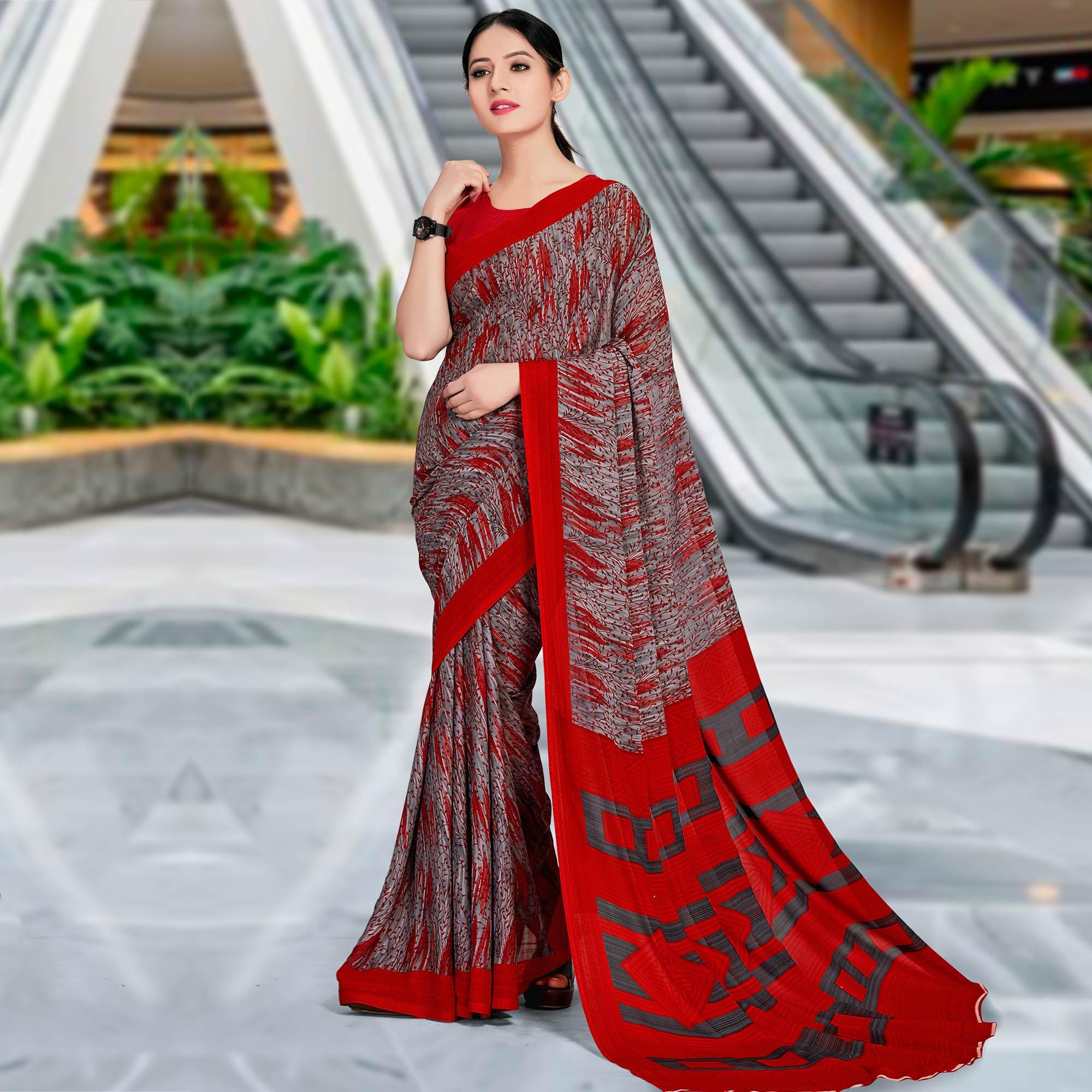 Ravishing Grey & Red Coloured Casual Wear Printed Georgette Saree - Peachmode