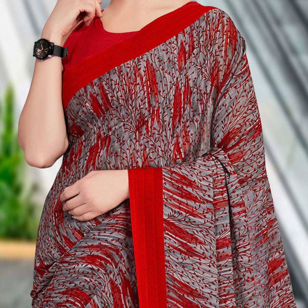 Ravishing Grey & Red Coloured Casual Wear Printed Georgette Saree - Peachmode