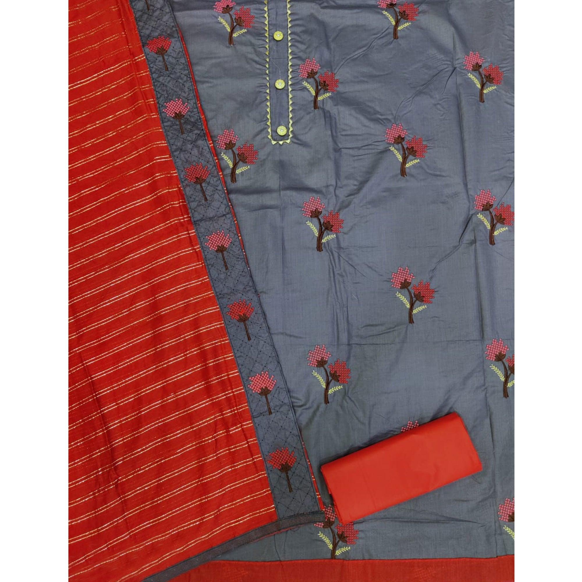 Ravishing Grey Colored Casual Embroidered Cotton Dress Material - Peachmode
