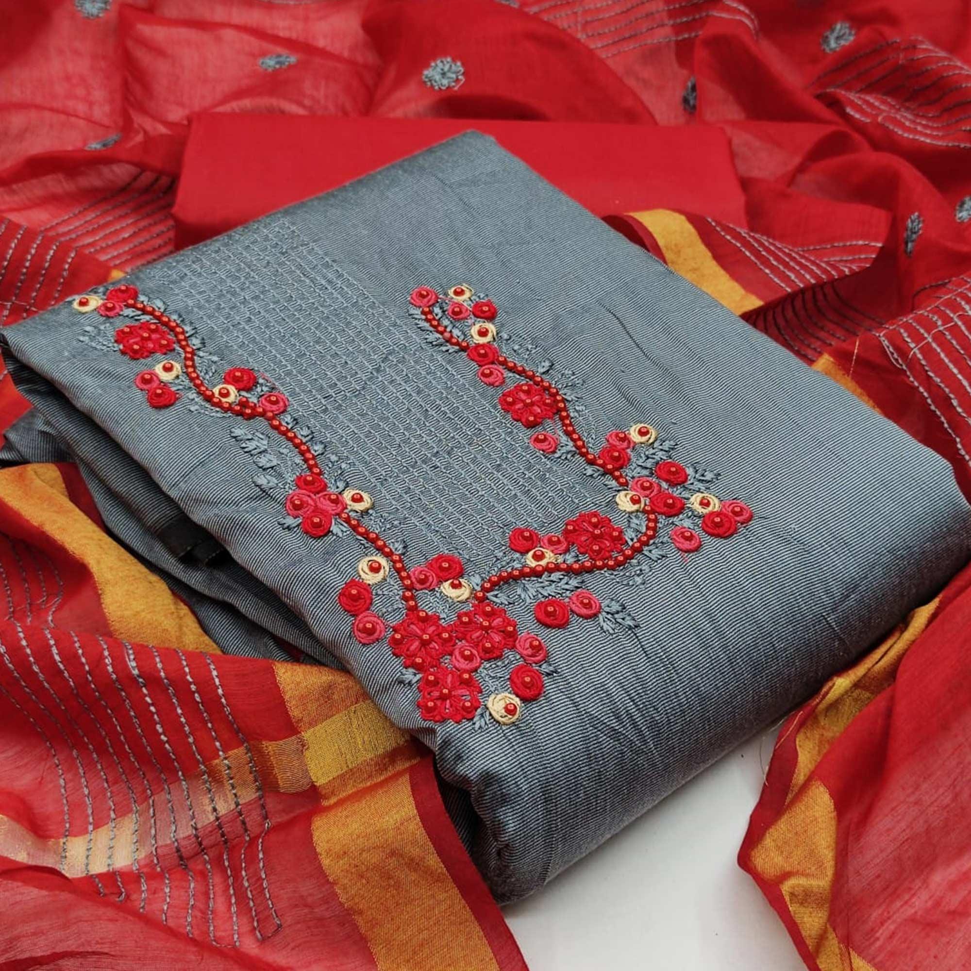 Ravishing Grey Colored Casual Wear Embroidered Cotton Dress Material - Peachmode