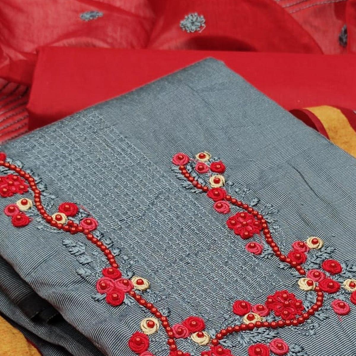 Ravishing Grey Colored Casual Wear Embroidered Cotton Dress Material - Peachmode