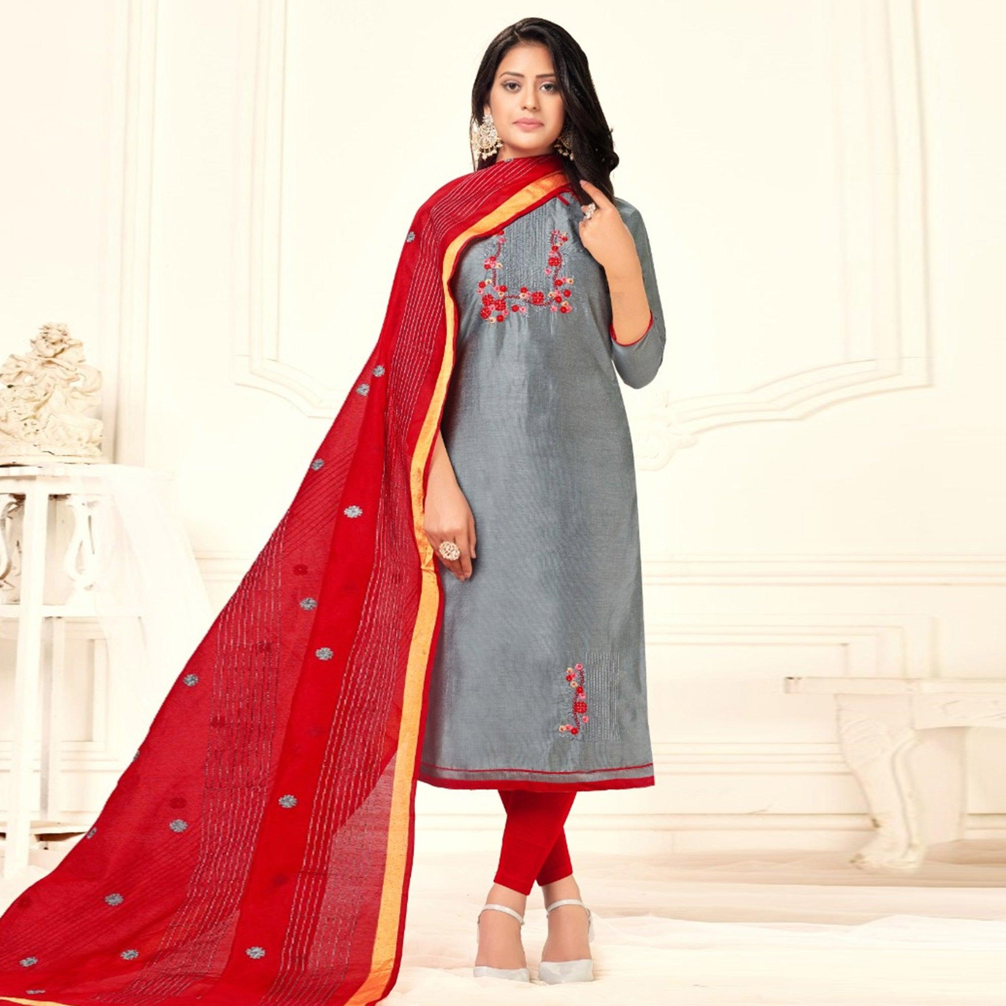Ravishing Grey Colored Casual Wear Embroidered Cotton Dress Material - Peachmode