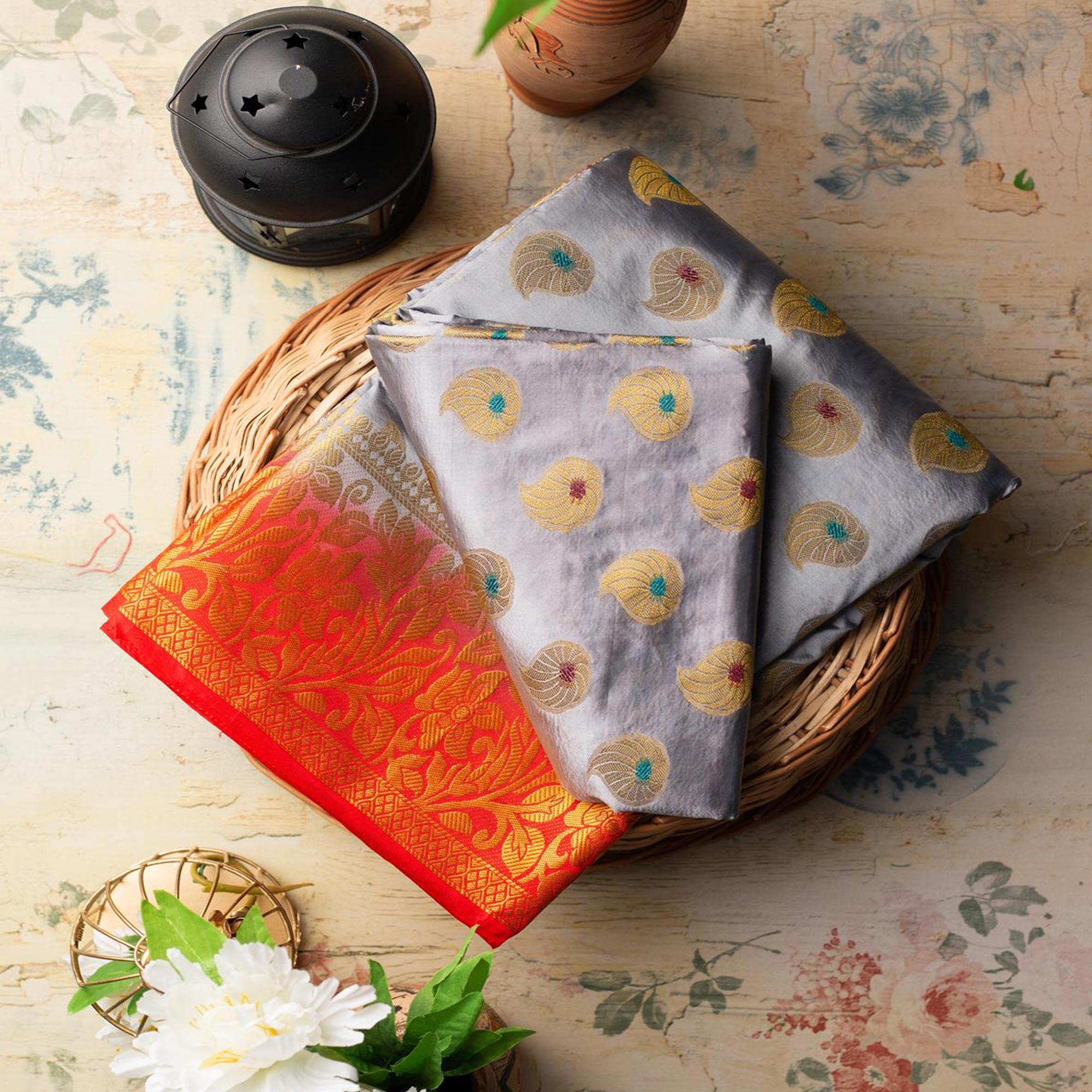 Ravishing Grey Colored Festive Wear Woven Art Silk Saree - Peachmode