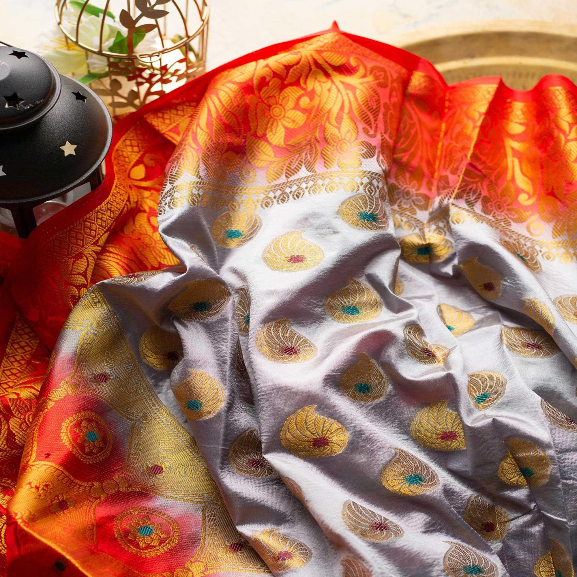 Ravishing Grey Colored Festive Wear Woven Art Silk Saree - Peachmode
