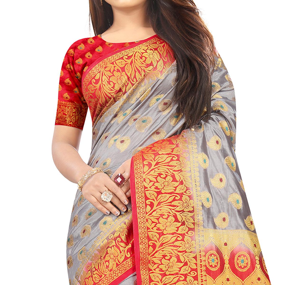 Ravishing Grey Colored Festive Wear Woven Art Silk Saree - Peachmode