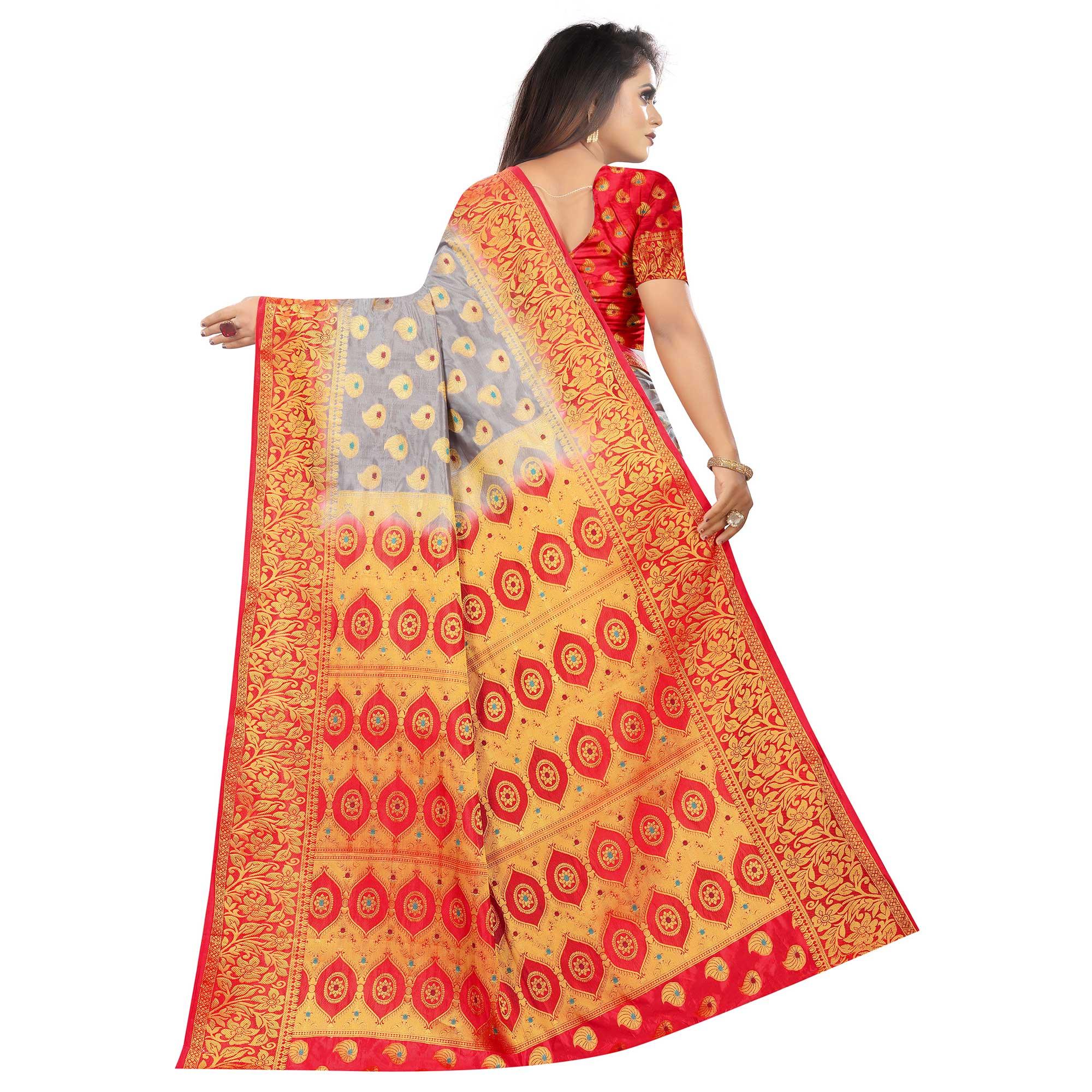 Ravishing Grey Colored Festive Wear Woven Art Silk Saree - Peachmode