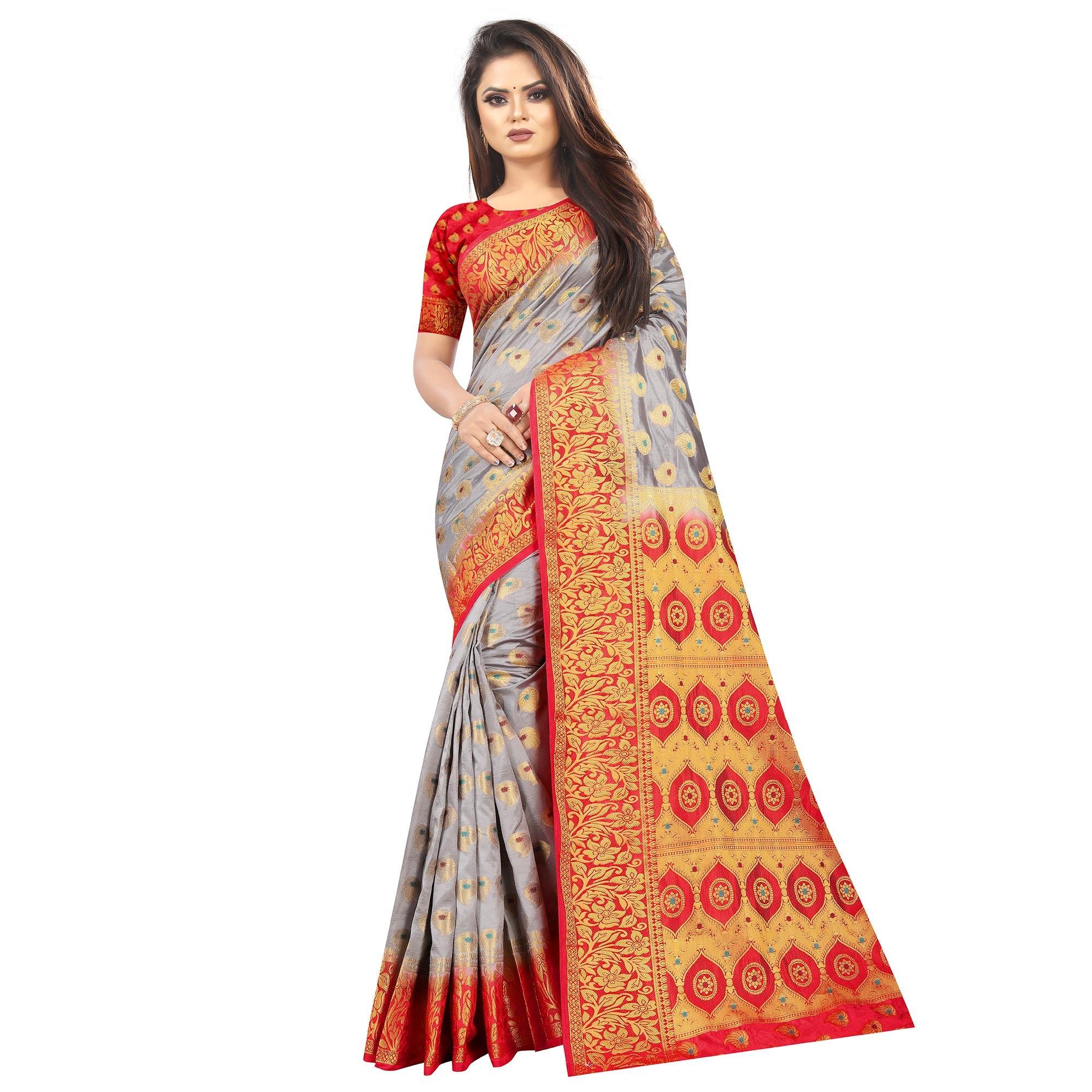 Ravishing Grey Colored Festive Wear Woven Art Silk Saree - Peachmode
