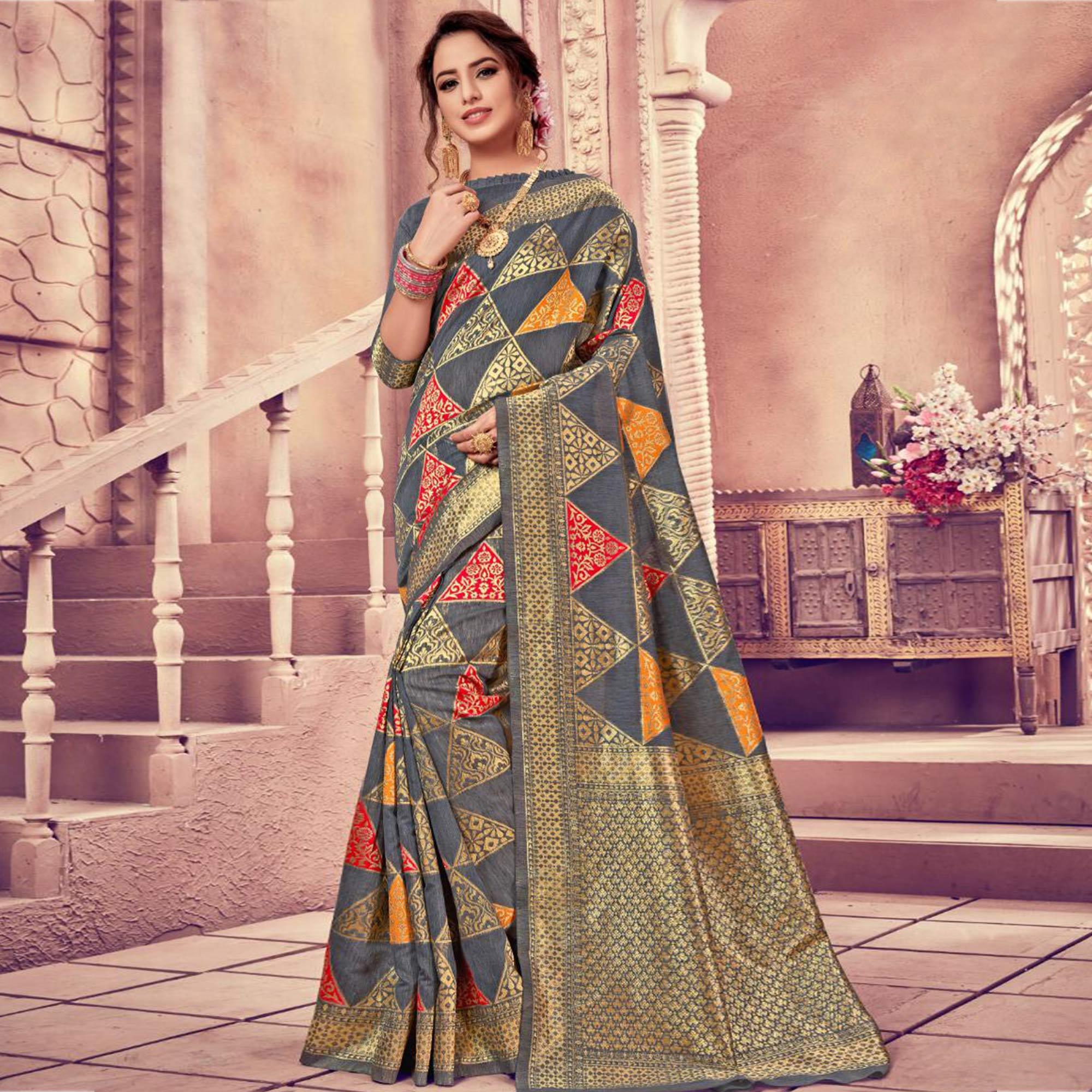 Ravishing Grey Colored Festive Wear Woven Cotton Silk Saree - Peachmode